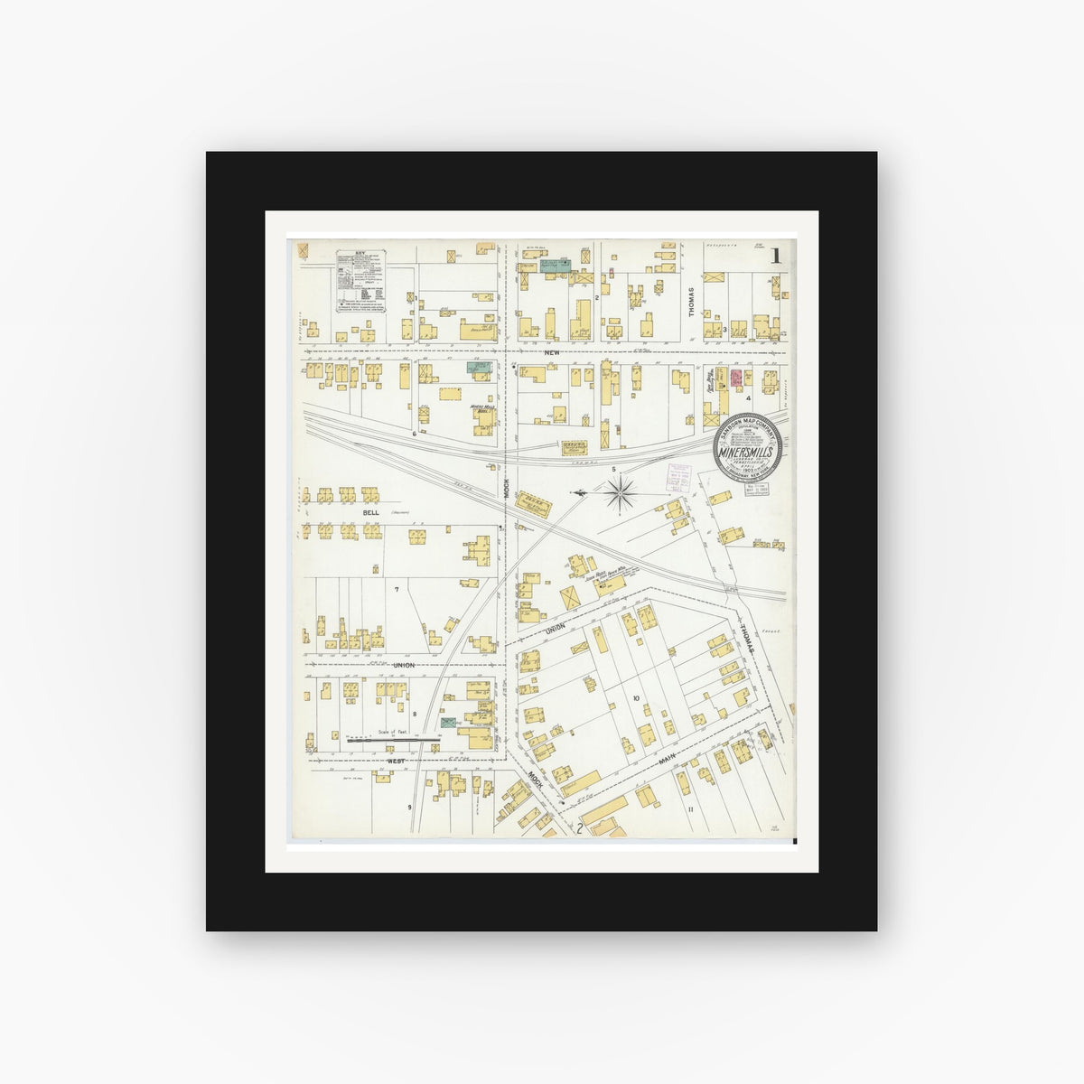 Old map wall art mockup — black gallery frame with white mat — Sanborn Fire Insurance Map from Miners Mills, Luzerne County, Pennsylvania (1903) - Complete Map Set