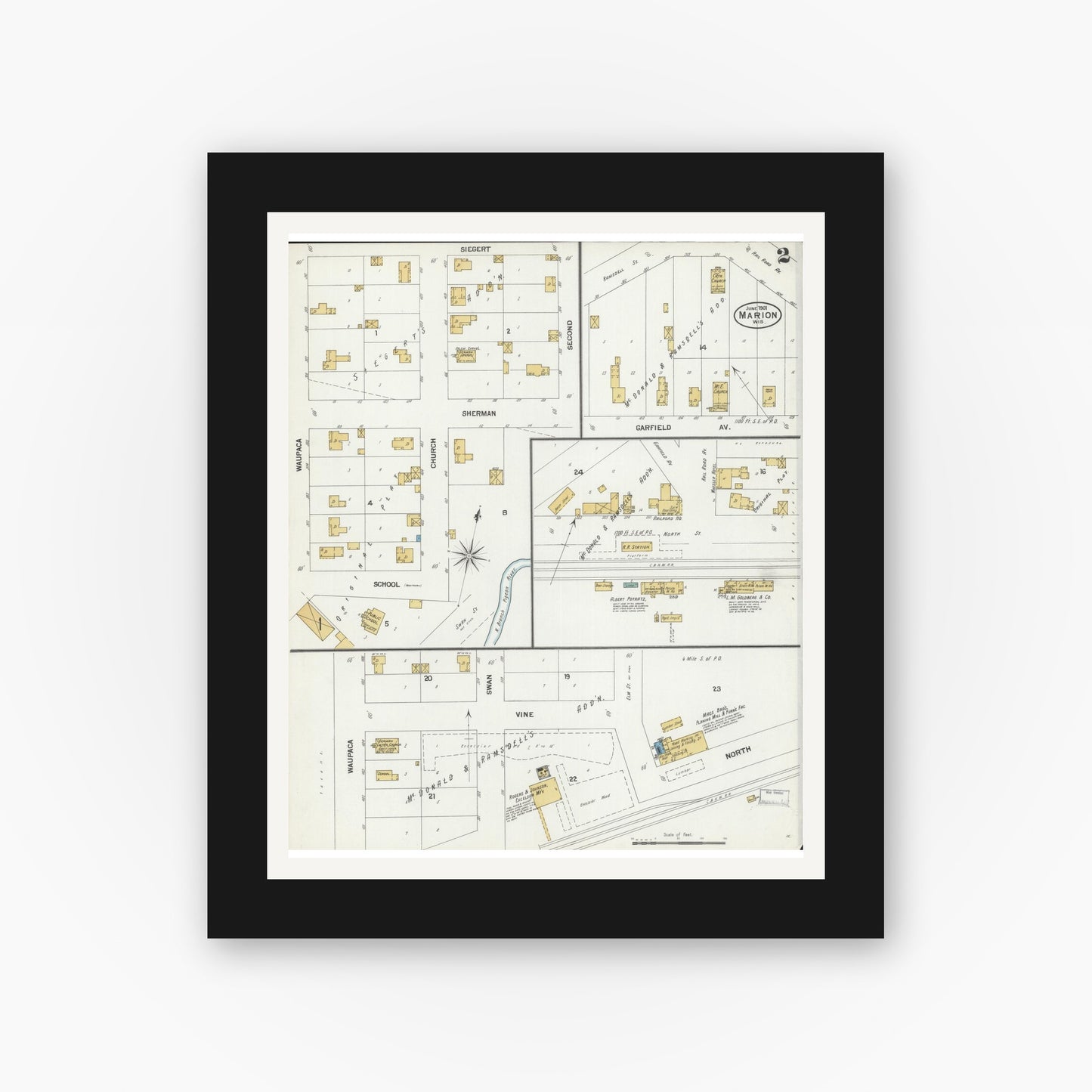 Old map wall art mockup — black gallery frame with white mat — Sanborn Fire Insurance Map from Marion, Waupaca County, Wisconsin (1901), Sheet #0002