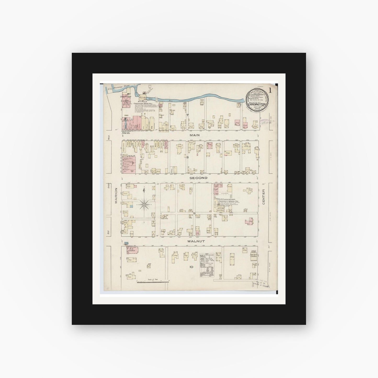 Old map wall art mockup — black gallery frame with white mat — Sanborn Fire Insurance Map from Cardington, Morrow County, Ohio (1885), Sheet #0001
