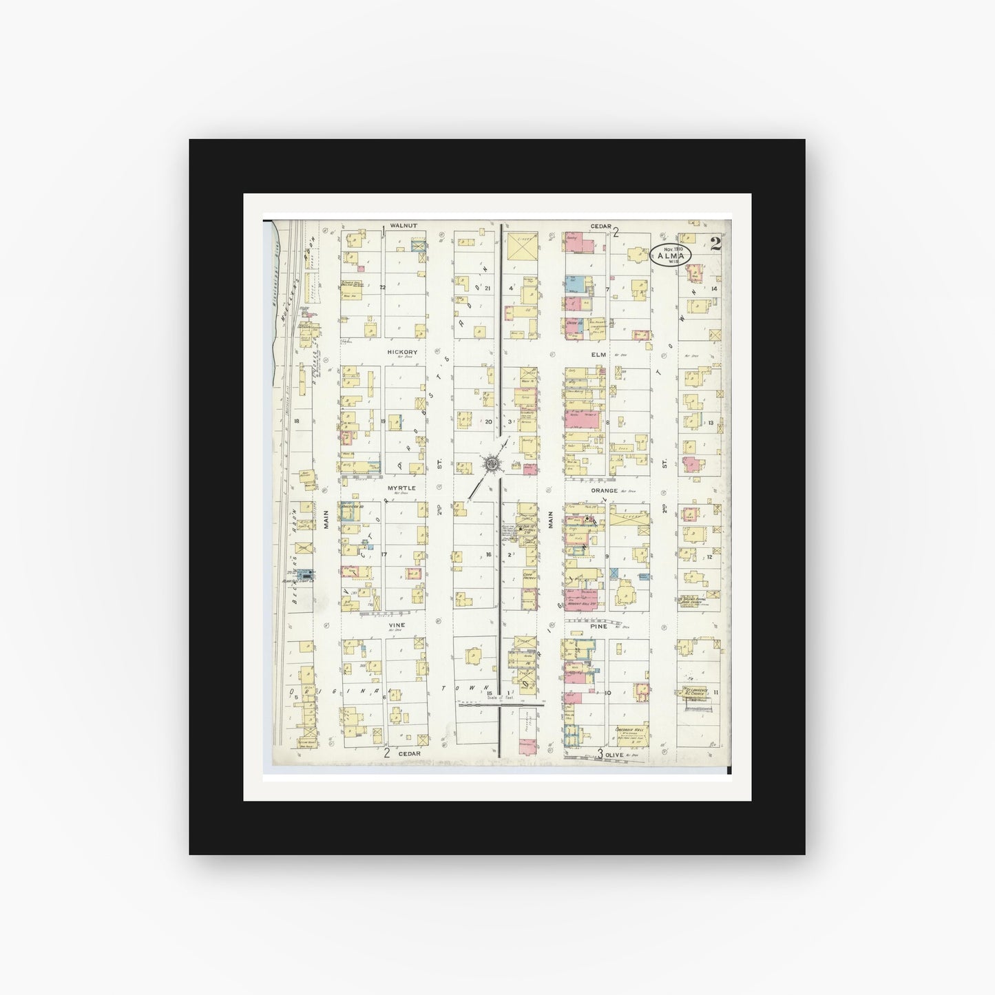 Old map wall art mockup — black gallery frame with white mat — Sanborn Fire Insurance Map from Alma, Buffalo County, Wisconsin (1910), Sheet #0002