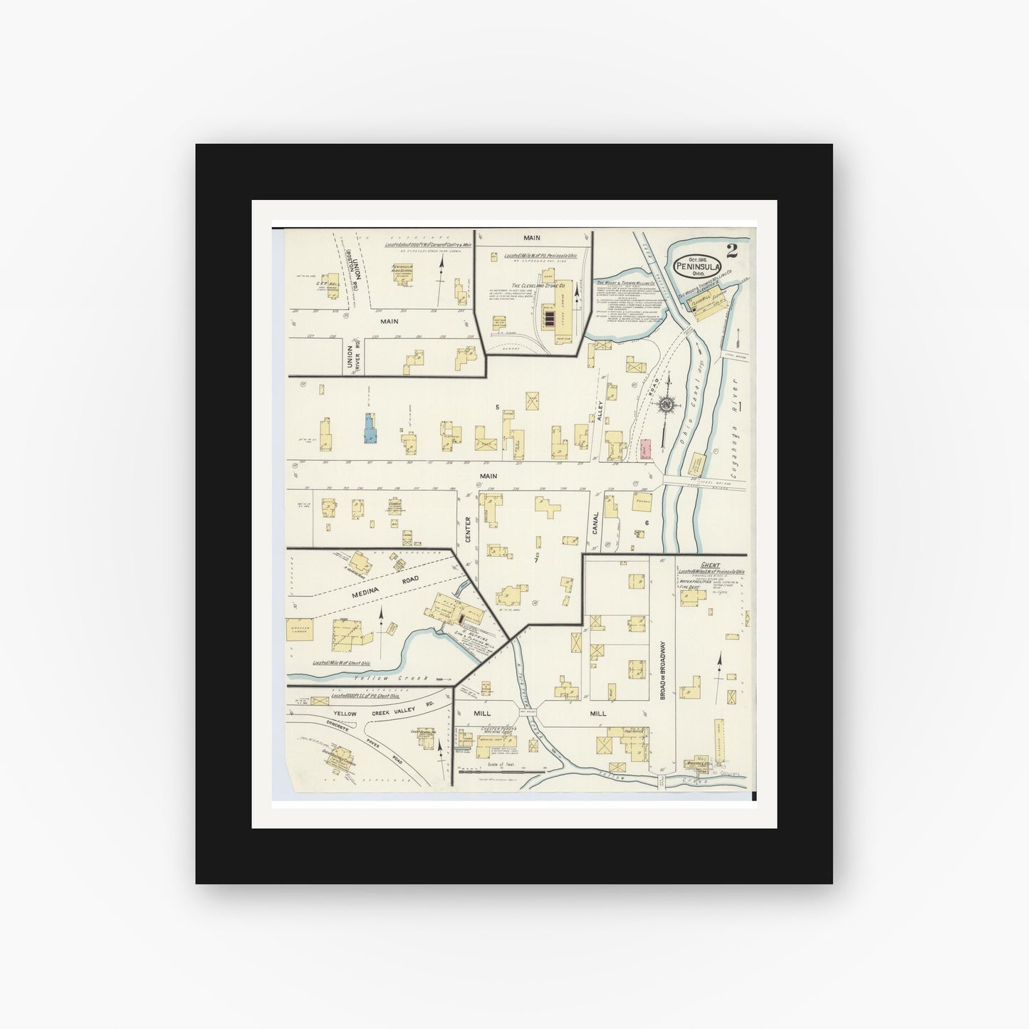 Old map wall art mockup — black gallery frame with white mat — Sanborn Fire Insurance Map from Peninsula, Summit County, Ohio (1916), Sheet #0002
