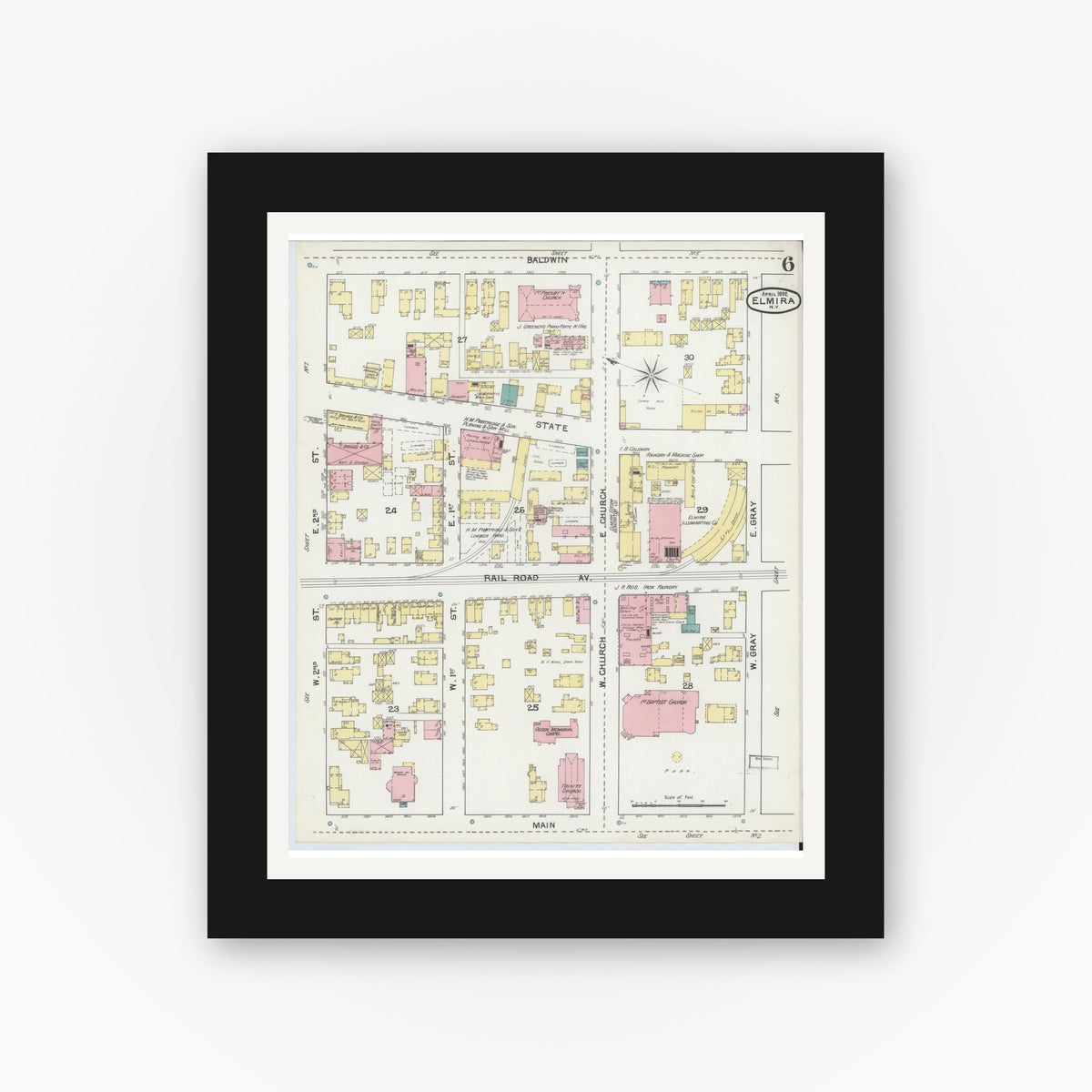 Old map wall art mockup — black gallery frame with white mat — Sanborn Fire Insurance Map from Elmira, Chemung County, New York (1892), Sheet #0006