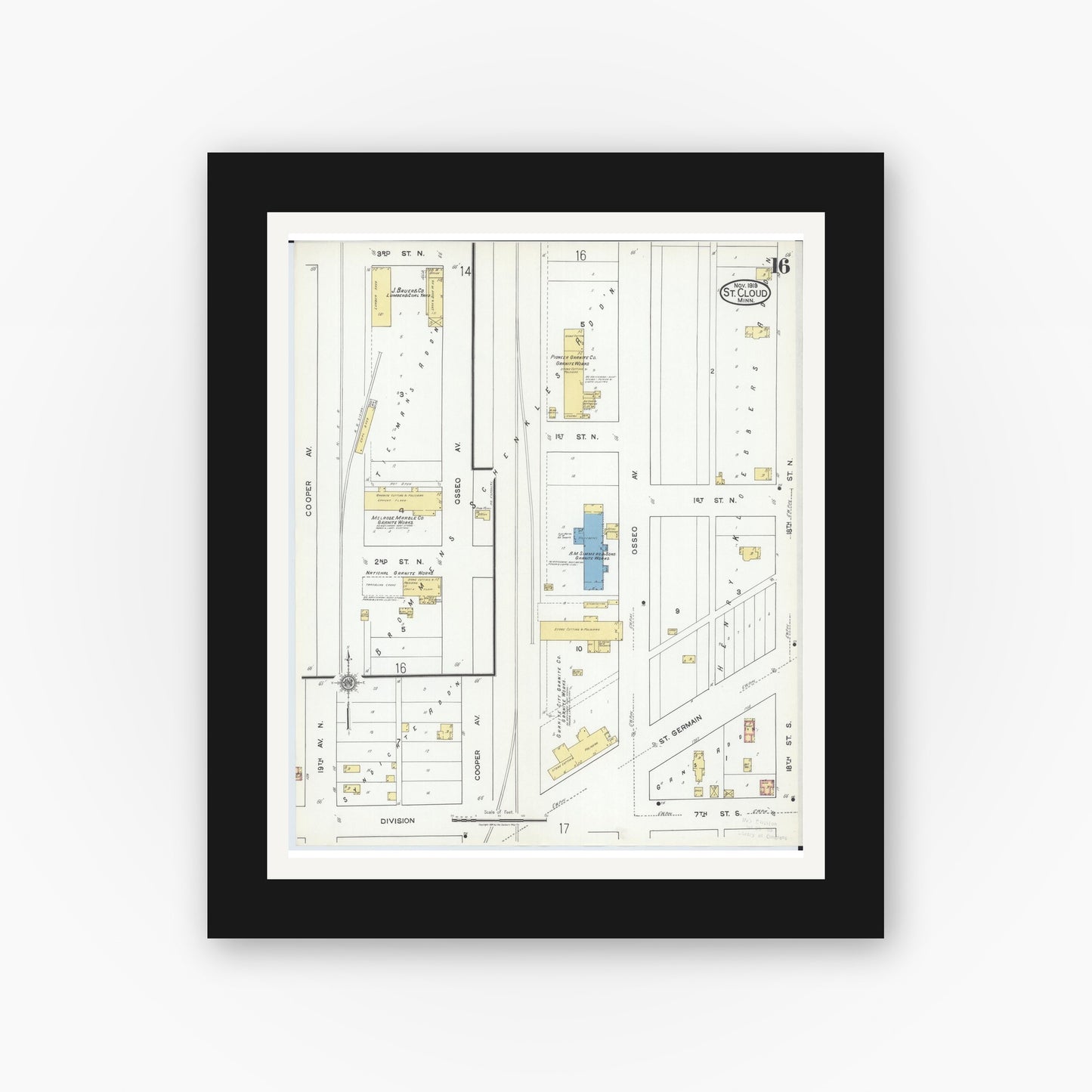 Old map wall art mockup — black gallery frame with white mat — Sanborn Fire Insurance Map from Saint Cloud, Stearns, Benton, and Sherburne Counties, Minnesota (1919), Sheet #0016