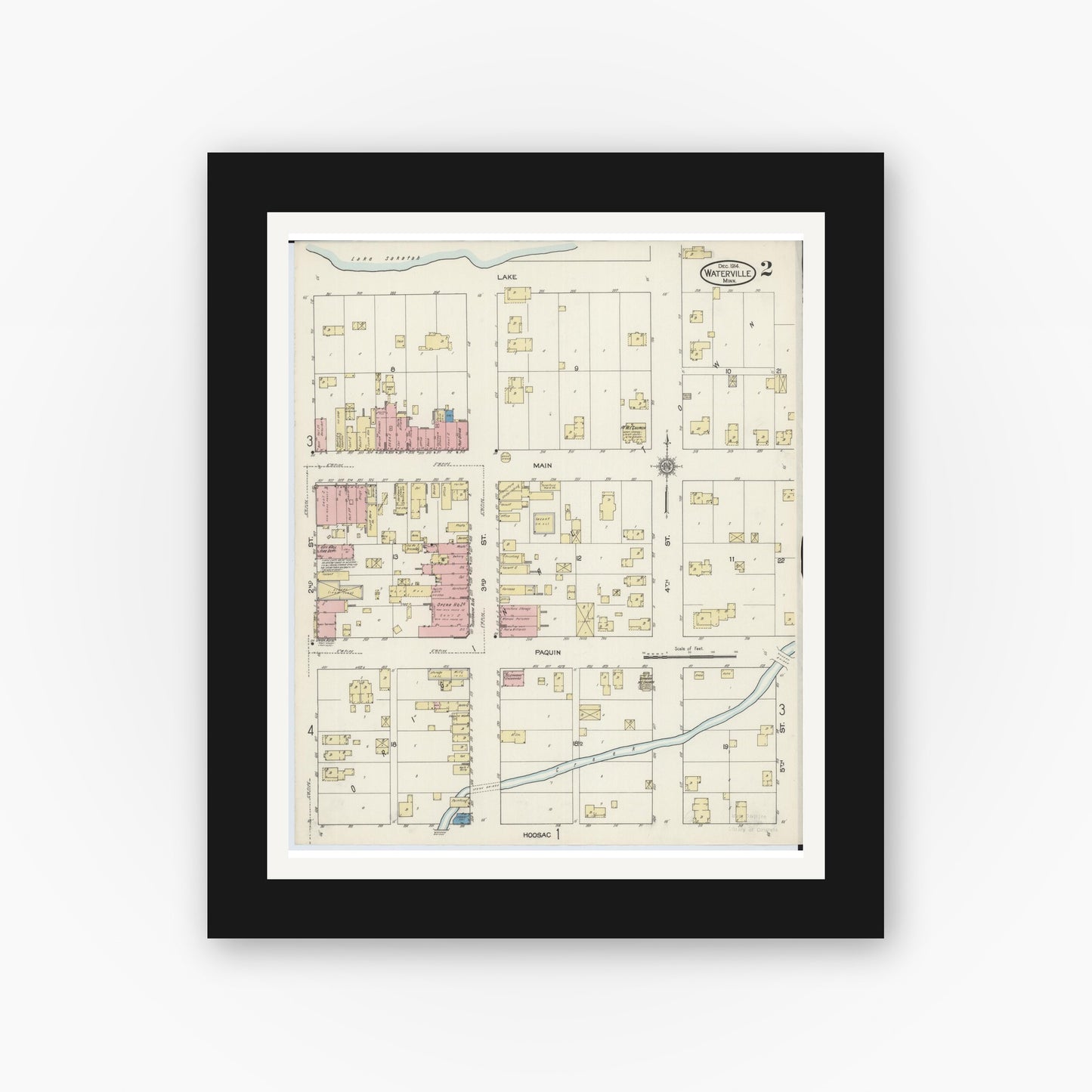 Old map wall art mockup — black gallery frame with white mat — Sanborn Fire Insurance Map from Waterville, Le Sueur County, Minnesota (1914), Sheet #0002