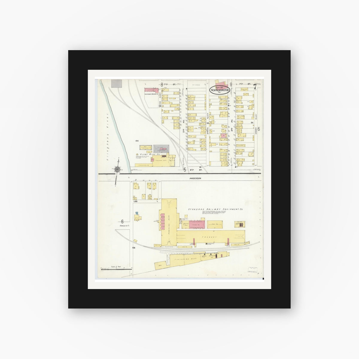 Old map wall art mockup — black gallery frame with white mat — Sanborn Fire Insurance Map from New Kensington, Westmoreland County, Pennsylvania (1911), Sheet #0007