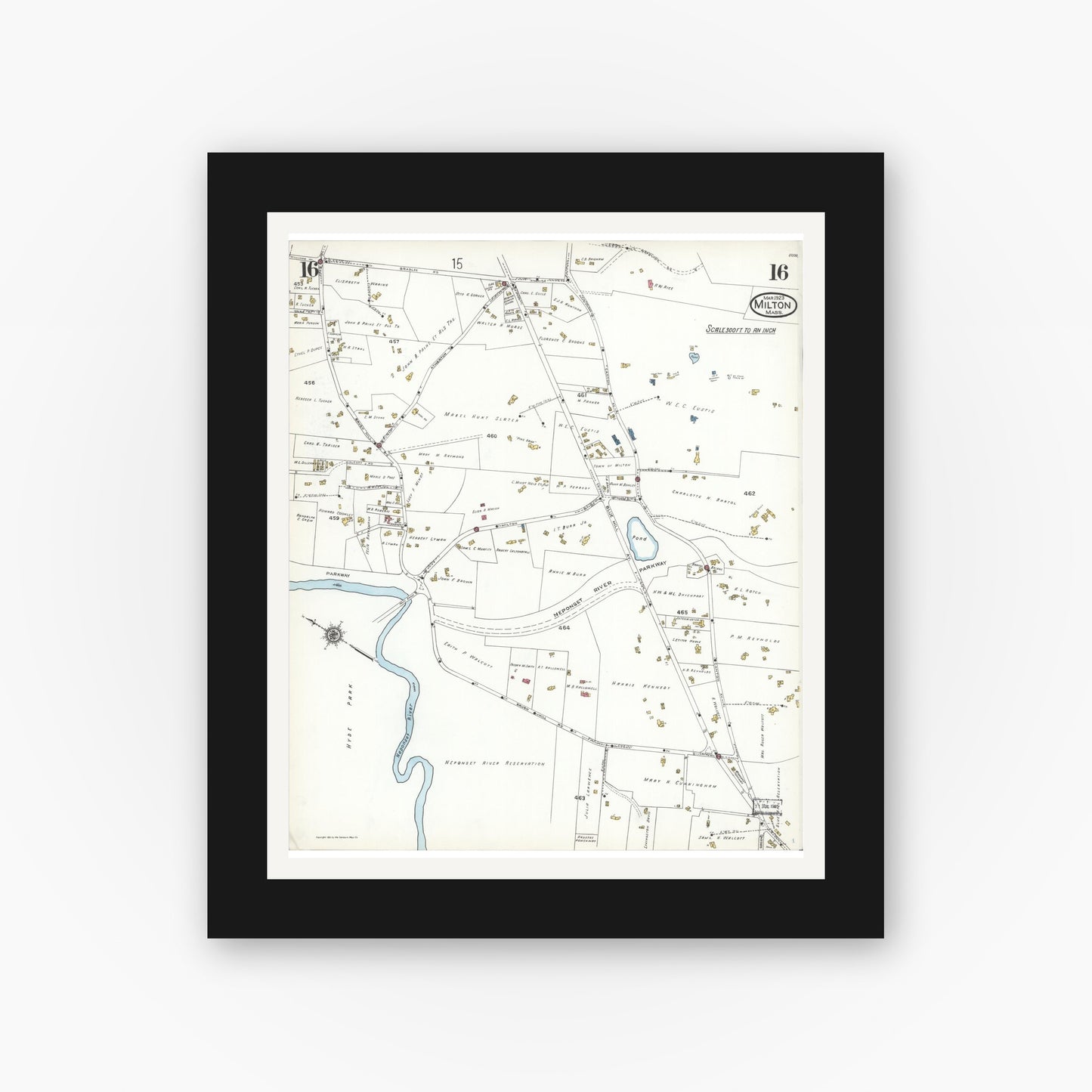 Old map wall art mockup — black gallery frame with white mat — Sanborn Fire Insurance Map from Milton, Norfolk County, Massachusetts (1923), Sheet #0016