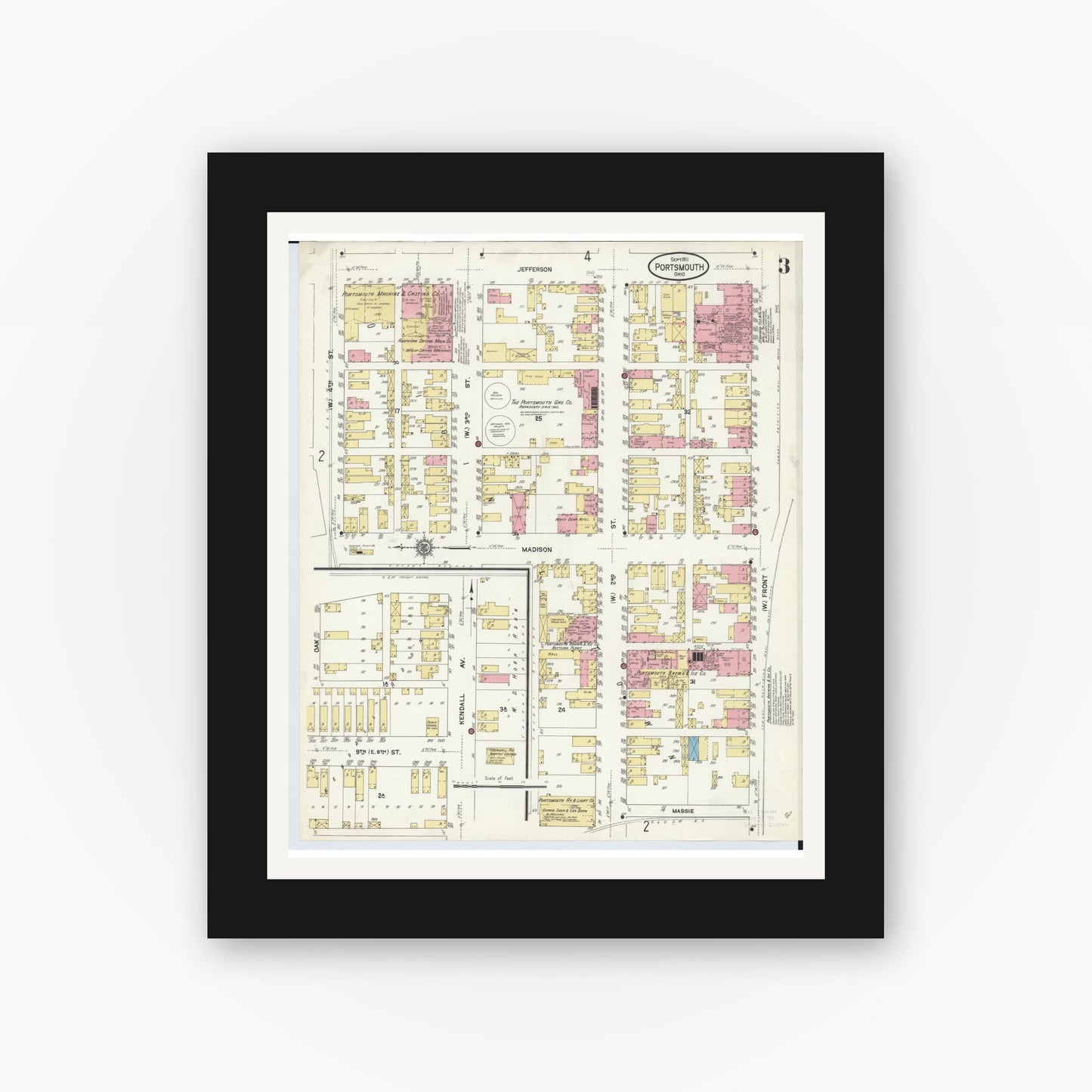 Old map wall art mockup — black gallery frame with white mat — Sanborn Fire Insurance Map from Portsmouth, Scioto County, Ohio (1911), Sheet #0003