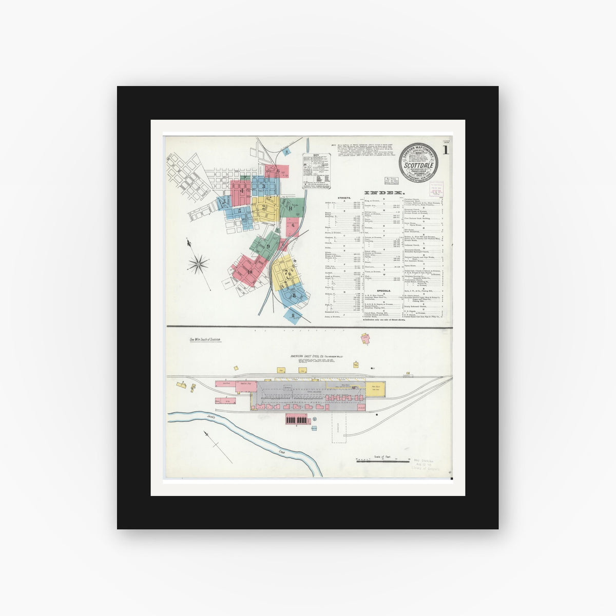 Old map wall art mockup — black gallery frame with white mat — Sanborn Fire Insurance Map from Scottdale, Westmoreland County, Pennsylvania (1903) - Complete Map Set
