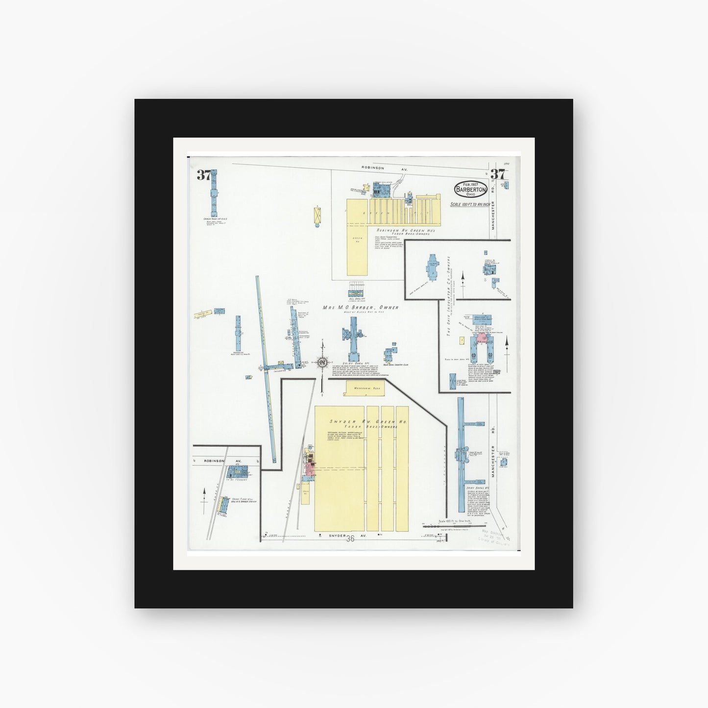 Old map wall art mockup — black gallery frame with white mat — Sanborn Fire Insurance Map from Barberton, Summit County, Ohio (1927), Sheet #0037