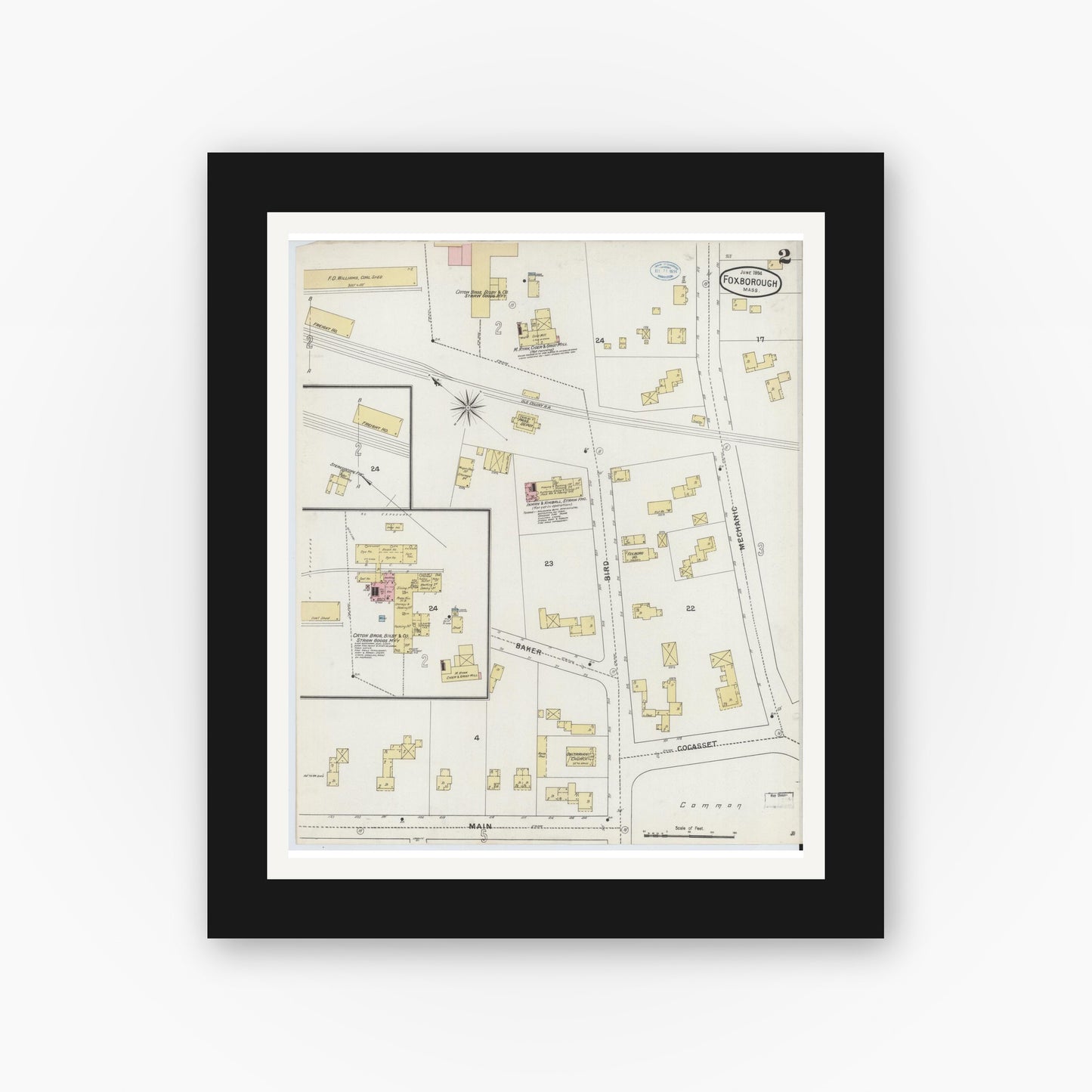 Old map wall art mockup — black gallery frame with white mat — Sanborn Fire Insurance Map from Foxboro, Norfolk County, Massachusetts (1894), Sheet #0002