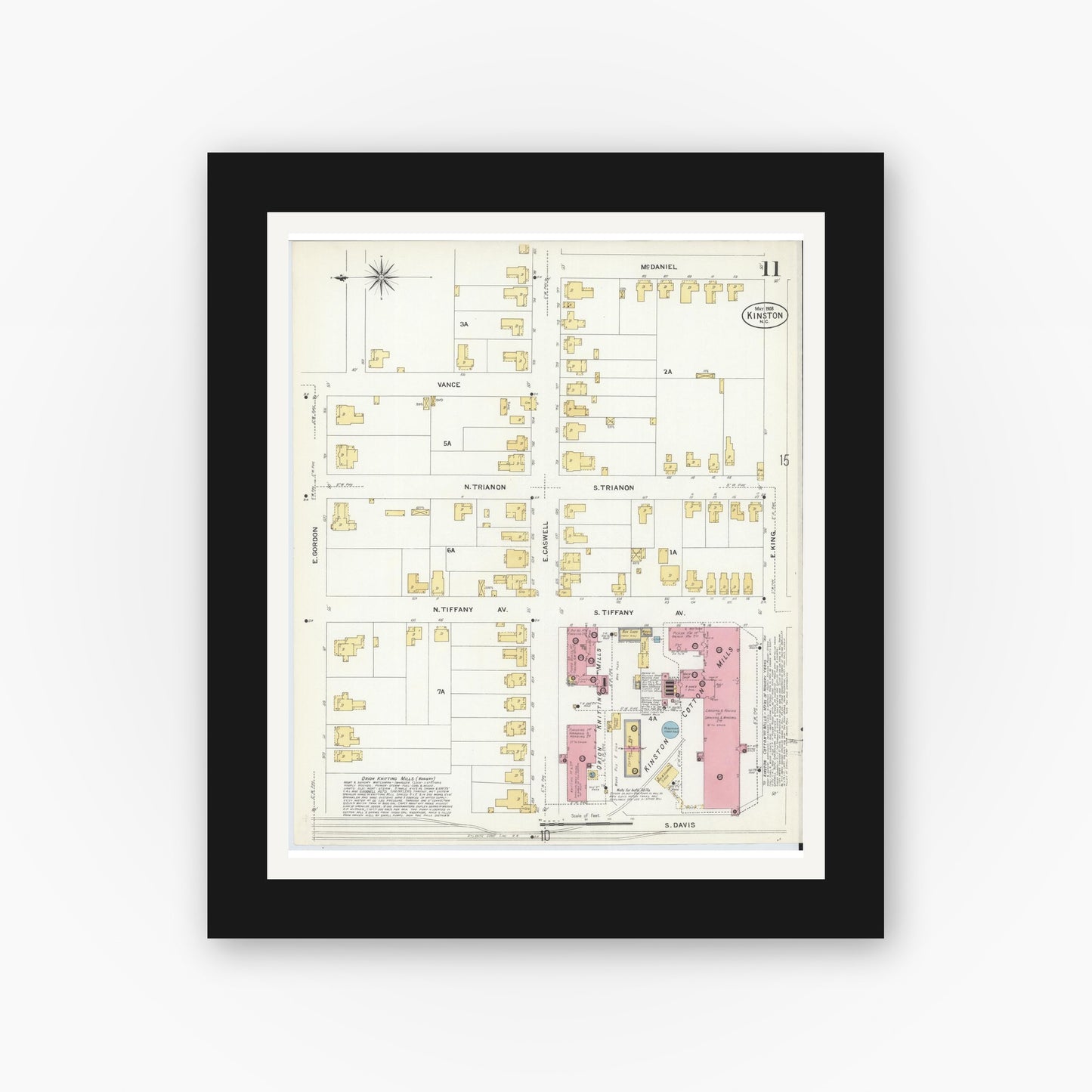 Old map wall art mockup — black gallery frame with white mat — Sanborn Fire Insurance Map from Kinston, Lenoir County, North Carolina (1908), Sheet #0011
