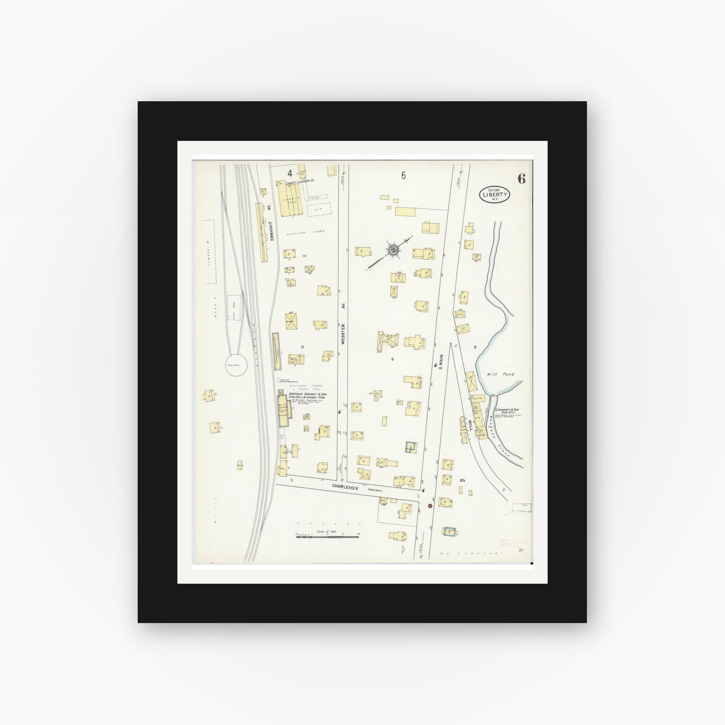 Old map wall art mockup — black gallery frame with white mat — Sanborn Fire Insurance Map from Liberty, Sullivan County, New York (1911), Sheet #0006