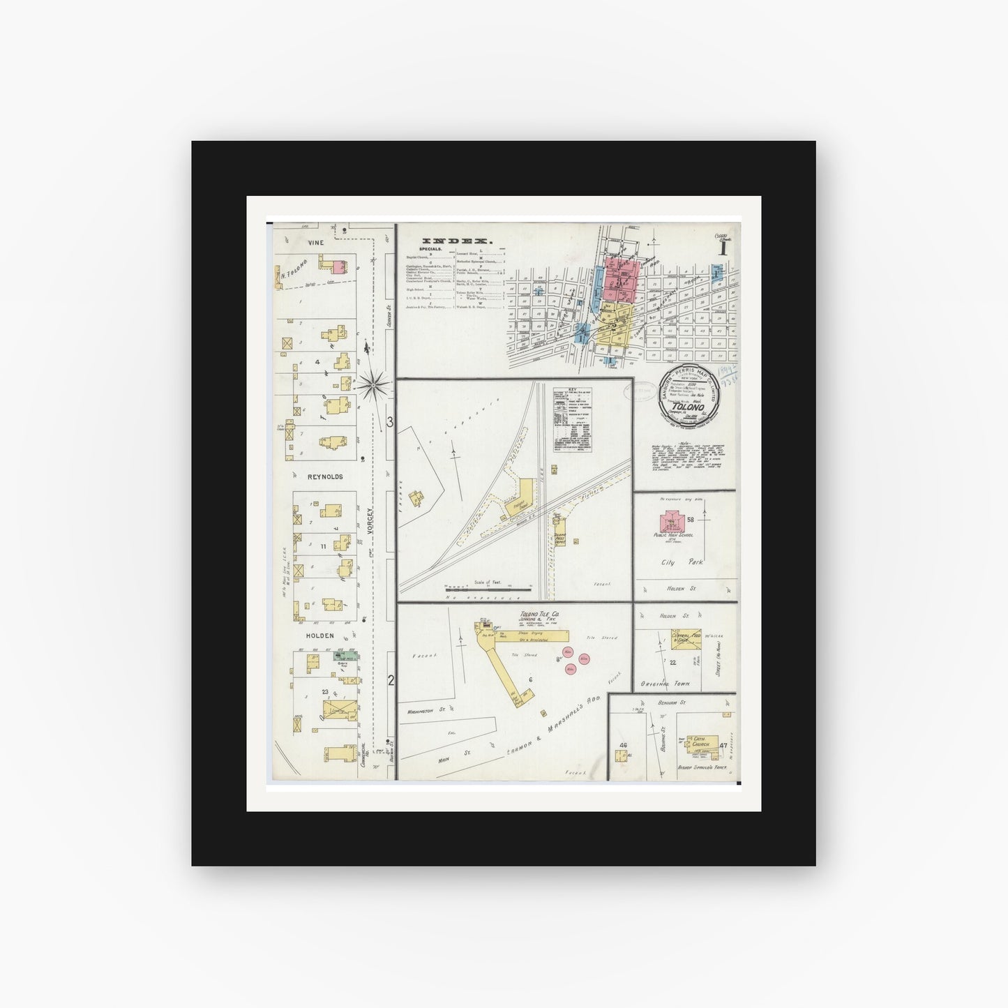 Old map wall art mockup — black gallery frame with white mat — Sanborn Fire Insurance Map from Tolono, Champaign County, Illinois (1898), Sheet #0001