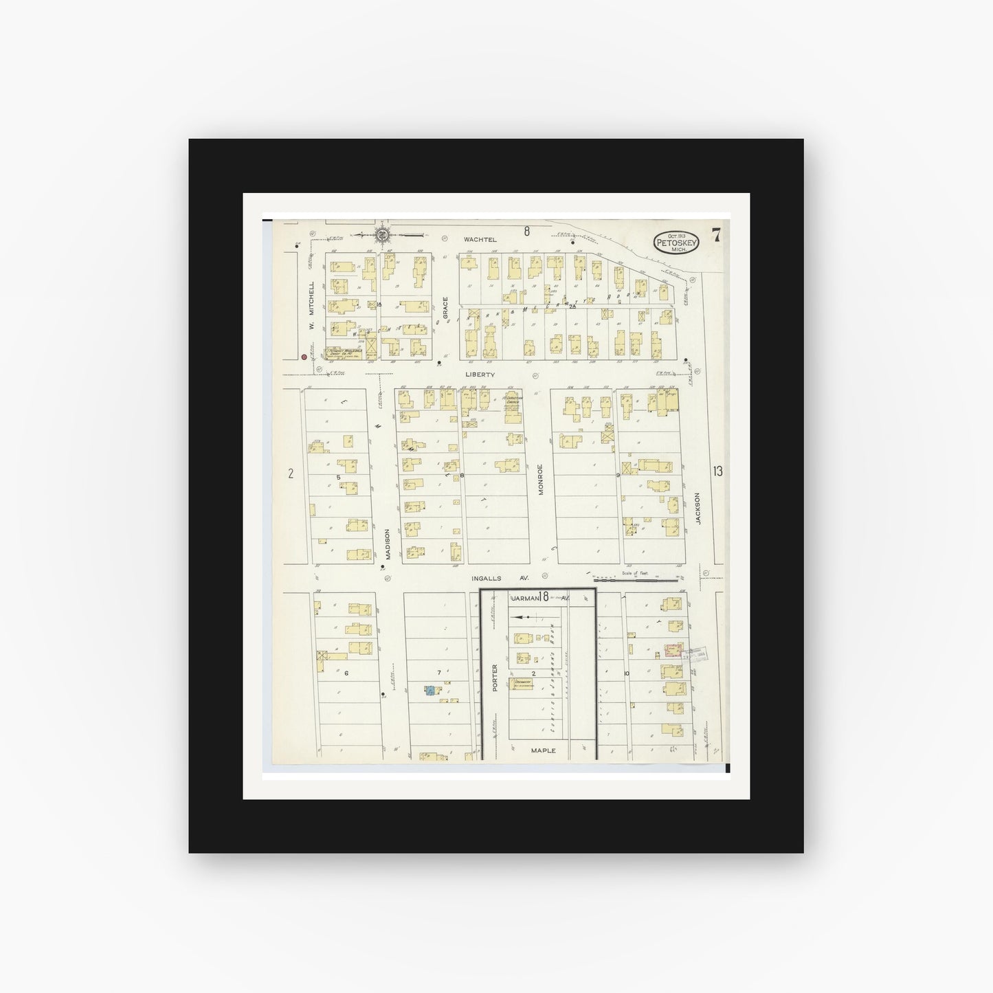 Old map wall art mockup — black gallery frame with white mat — Sanborn Fire Insurance Map from Petoskey, Emmet County, Michigan (1913), Sheet #0007