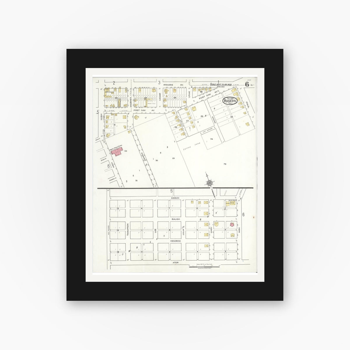 Old map wall art mockup — black gallery frame with white mat — Sanborn Fire Insurance Map from Rogers, Bell County, Texas (1921), Sheet #0006