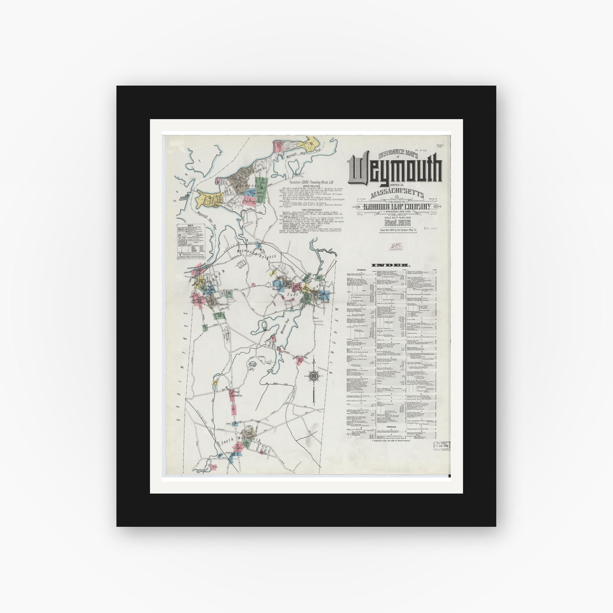 Old map wall art mockup — black gallery frame with white mat — Sanborn Fire Insurance Map from Weymouth, Norfolk County, Massachusetts (1910) - Complete Map Set