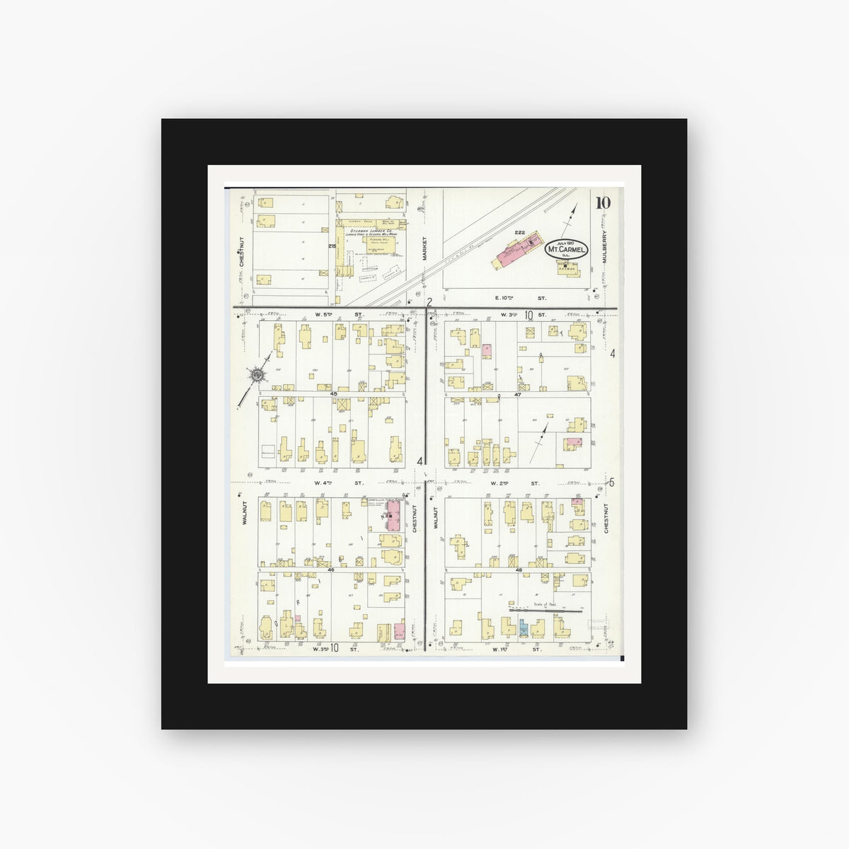 Old map wall art mockup — black gallery frame with white mat — Sanborn Fire Insurance Map from Mount Carmel, Wabash County, Illinois (1910), Sheet #0010