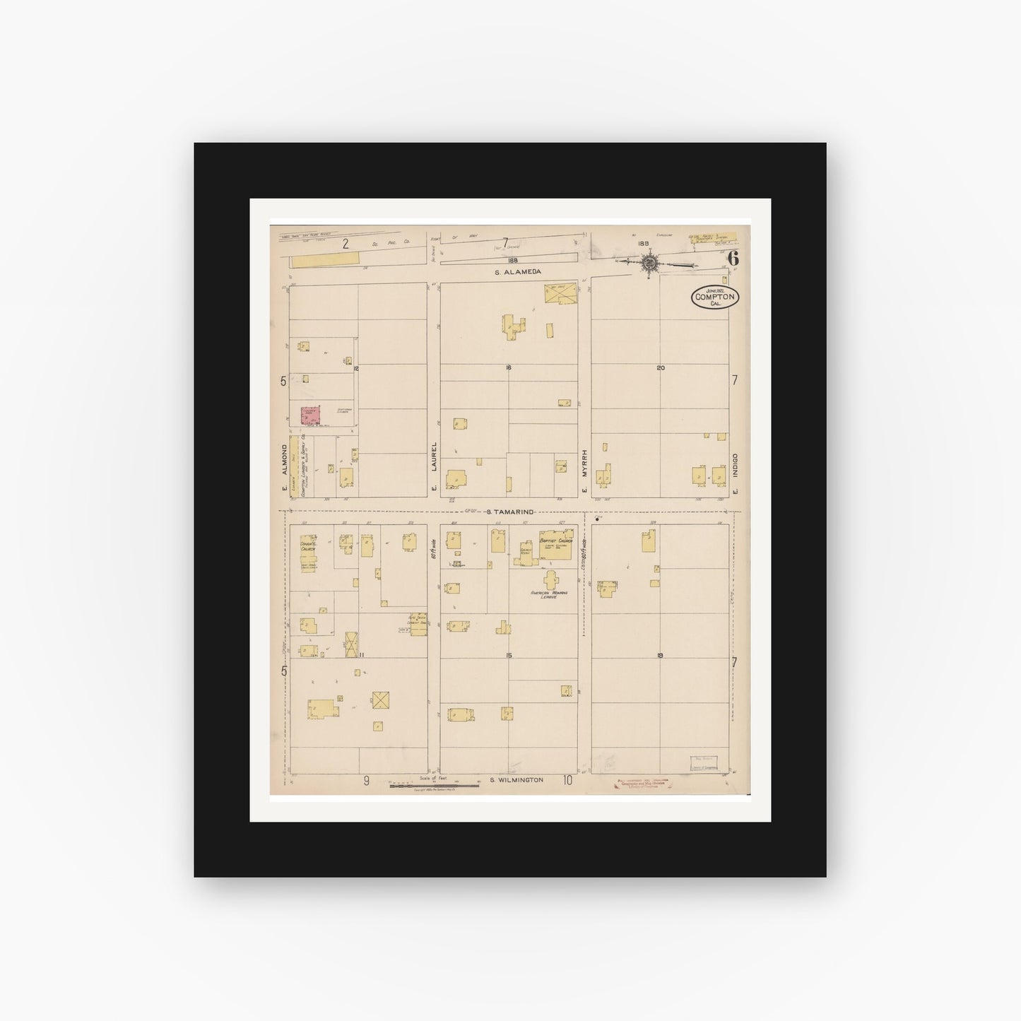 Old map wall art mockup — black gallery frame with white mat — Sanborn Fire Insurance Map from Compton, Los Angeles County, California (1922), Sheet #0006