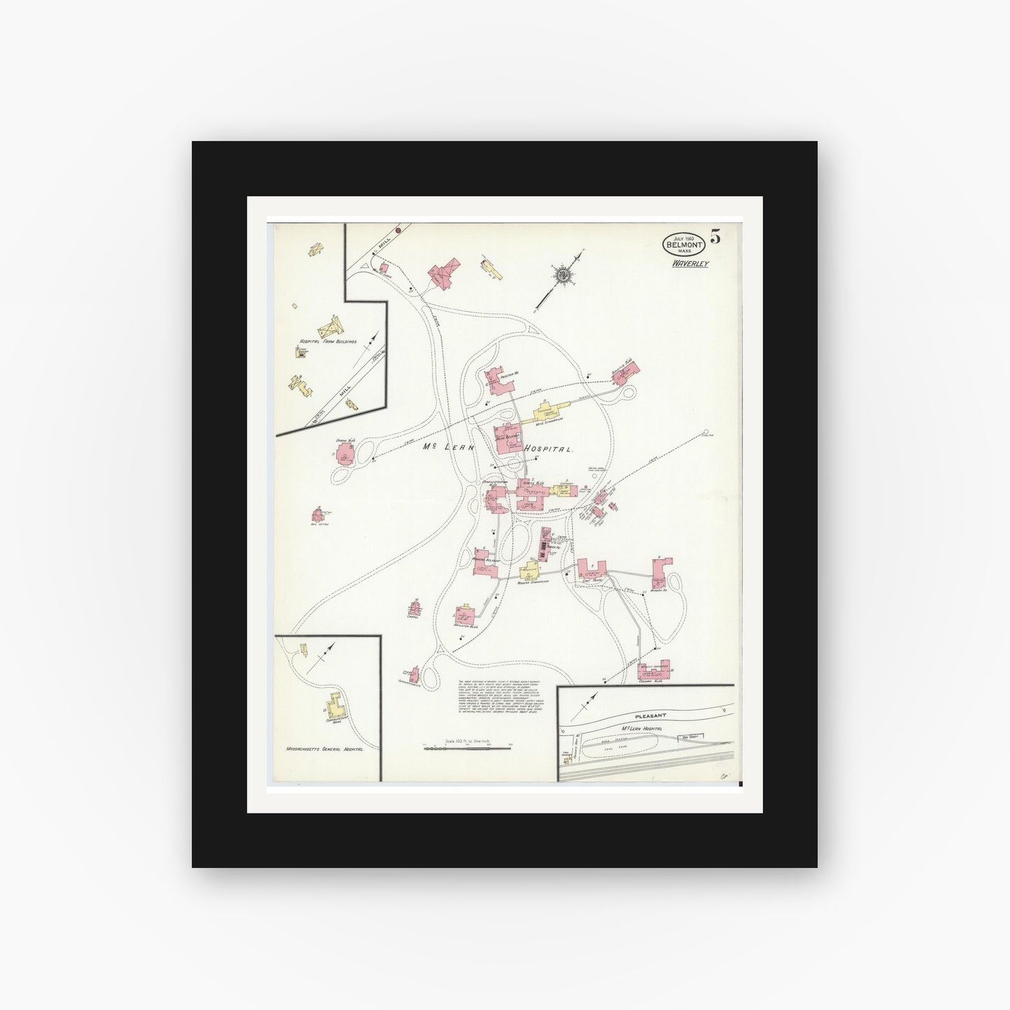 Old map wall art mockup — black gallery frame with white mat — Sanborn Fire Insurance Map from Belmont, Middlesex County, Massachusetts (1910), Sheet #0005