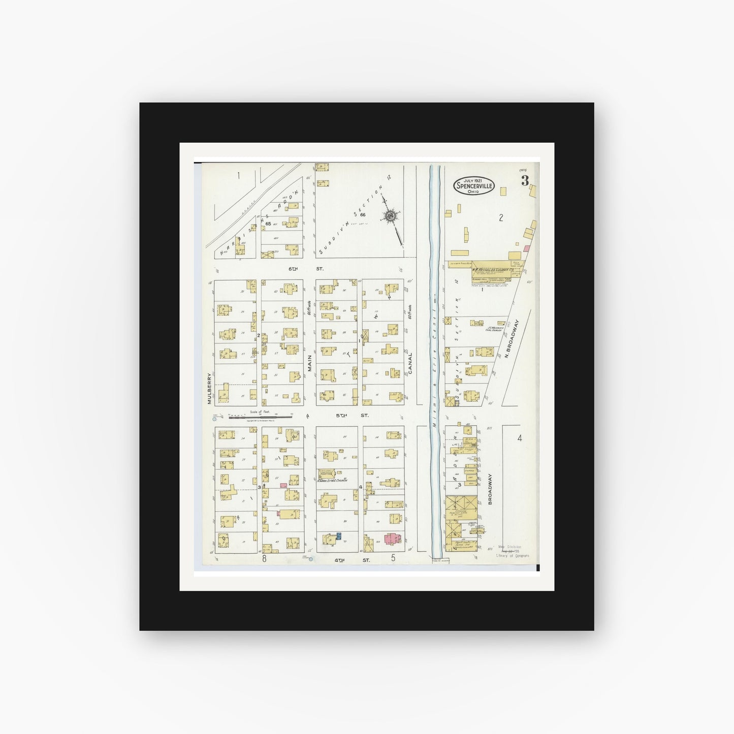 Old map wall art mockup — black gallery frame with white mat — Sanborn Fire Insurance Map from Spencerville, Allen County, Ohio (1921), Sheet #0003