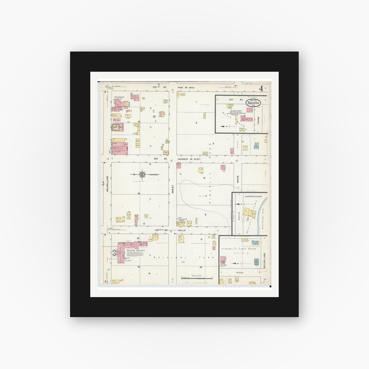 Old map wall art mockup — black gallery frame with white mat — Sanborn Fire Insurance Map from Nauvoo, Hancock County, Illinois (1912), Sheet #0004