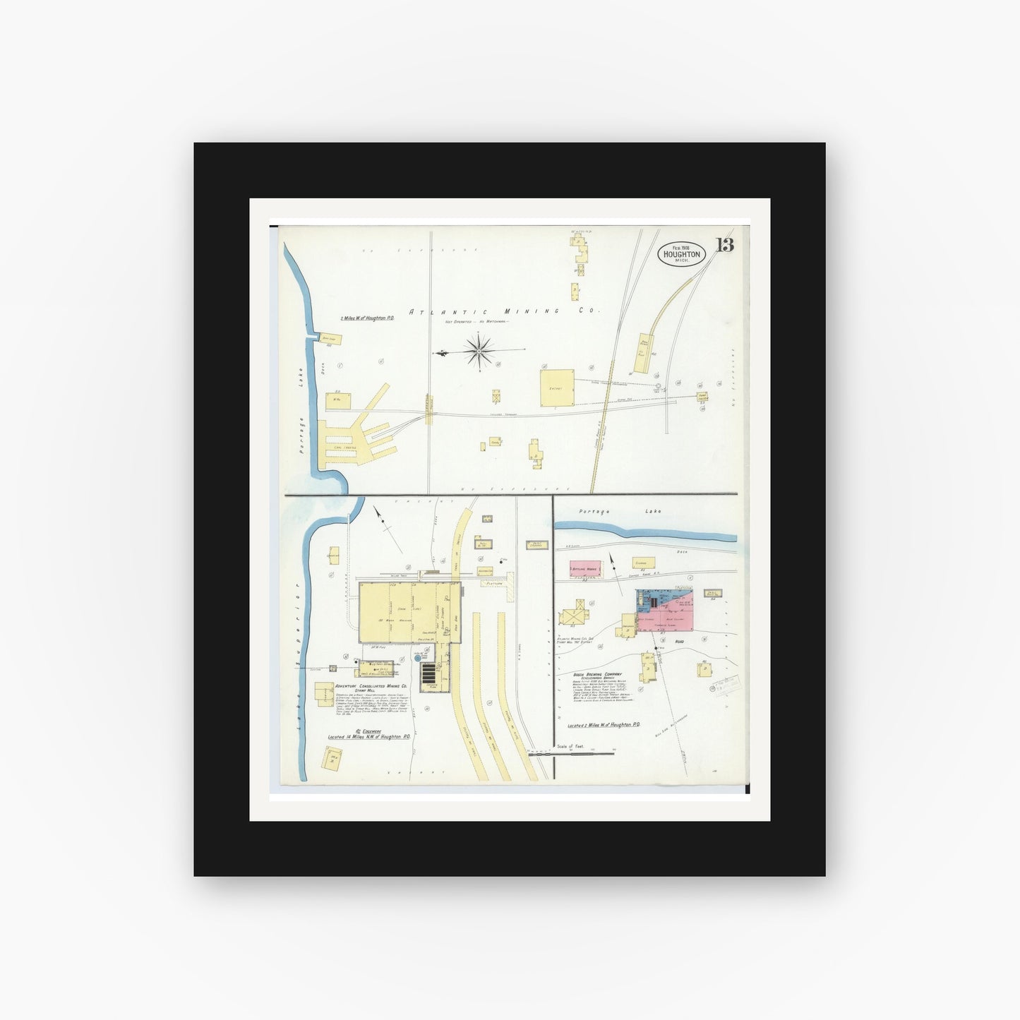 Old map wall art mockup — black gallery frame with white mat — Sanborn Fire Insurance Map from Houghton, Houghton County, Michigan (1908), Sheet #0013