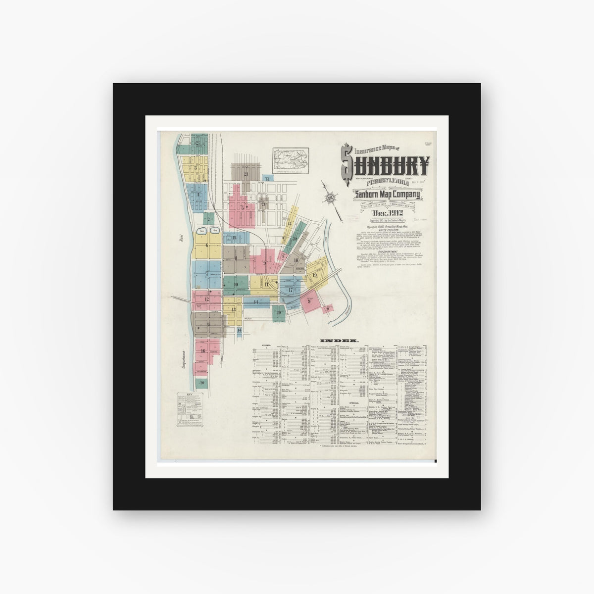 Old map wall art mockup — black gallery frame with white mat — Sanborn Fire Insurance Map from Sunbury, Northumberland County, Pennsylvania (1912) - Complete Map Set