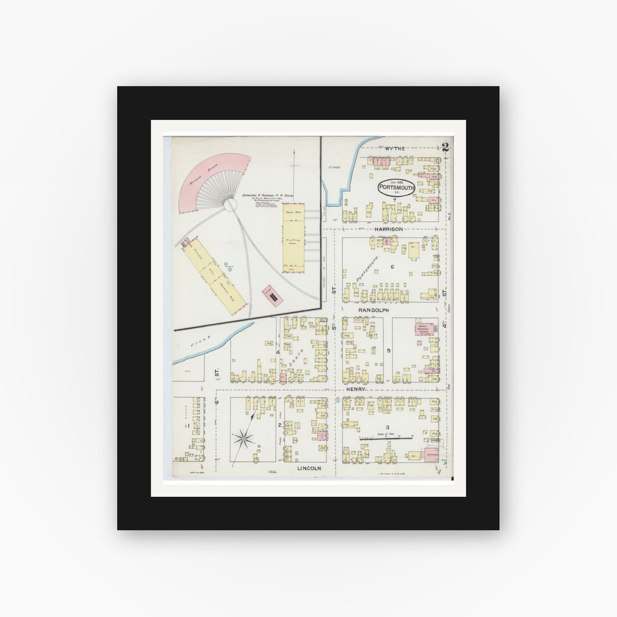 Old map wall art mockup — black gallery frame with white mat — Sanborn Fire Insurance Map from Portsmouth, Independent Cities, Virginia (1888), Sheet #0002