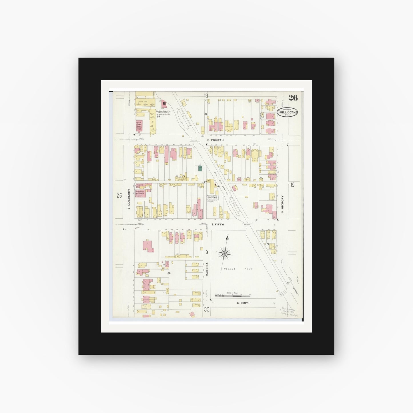 Old map wall art mockup — black gallery frame with white mat — Sanborn Fire Insurance Map from Chillicothe, Ross County, Ohio (1909), Sheet #0026