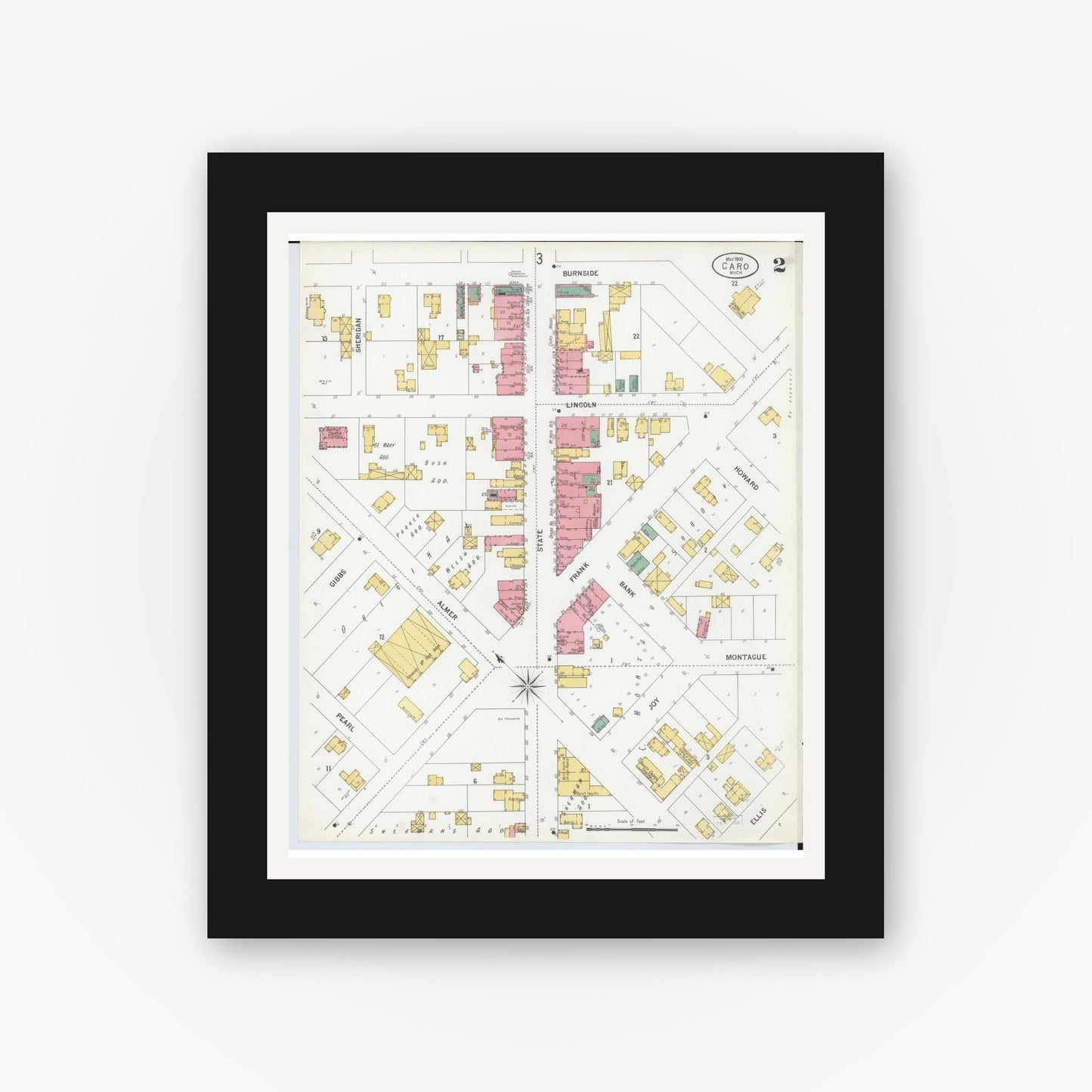 Old map wall art mockup — black gallery frame with white mat — Sanborn Fire Insurance Map from Caro, Tuscola County, Michigan (1900), Sheet #0002