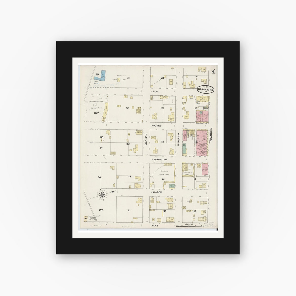 Old map wall art mockup — black gallery frame with white mat — Sanborn Fire Insurance Map from Waxahachie, Ellis County, Texas (1890), Sheet #0004