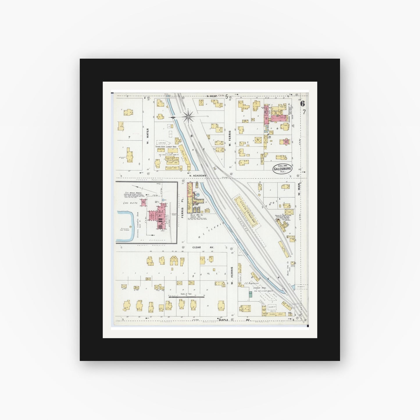 Old map wall art mockup — black gallery frame with white mat — Sanborn Fire Insurance Map from Galesburg, Knox County, Illinois (1906), Sheet #0006