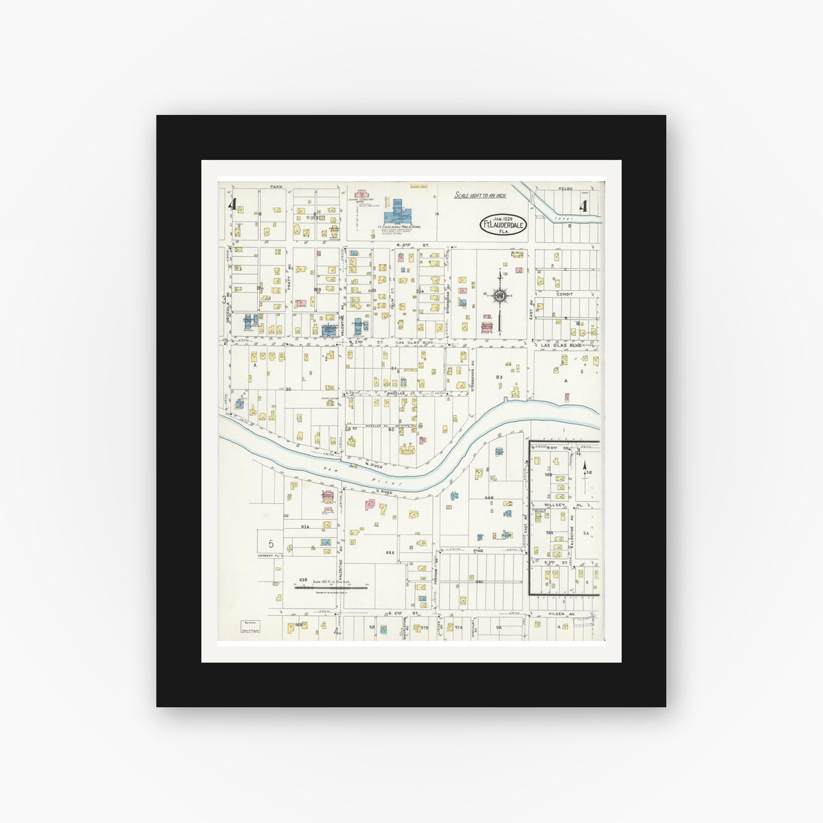 Old map wall art mockup — black gallery frame with white mat — Sanborn Fire Insurance Map from Fort Lauderdale, Broward County, Florida (1924), Sheet #0004