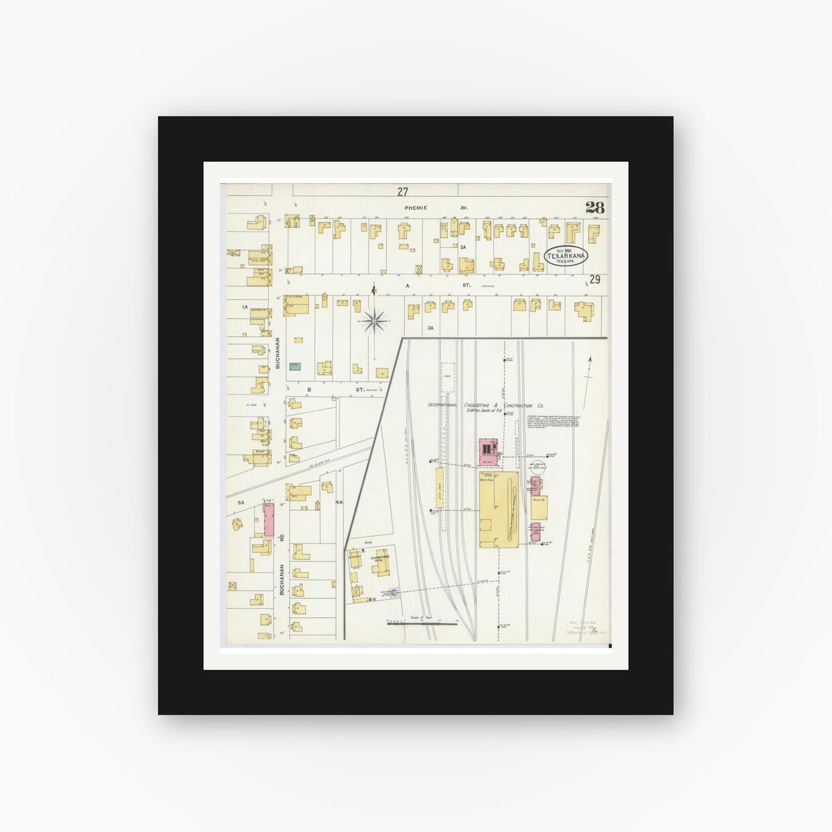 Old map wall art mockup — black gallery frame with white mat — Sanborn Fire Insurance Map from Texarkana, Bowie County, Texas (1905), Sheet #0028
