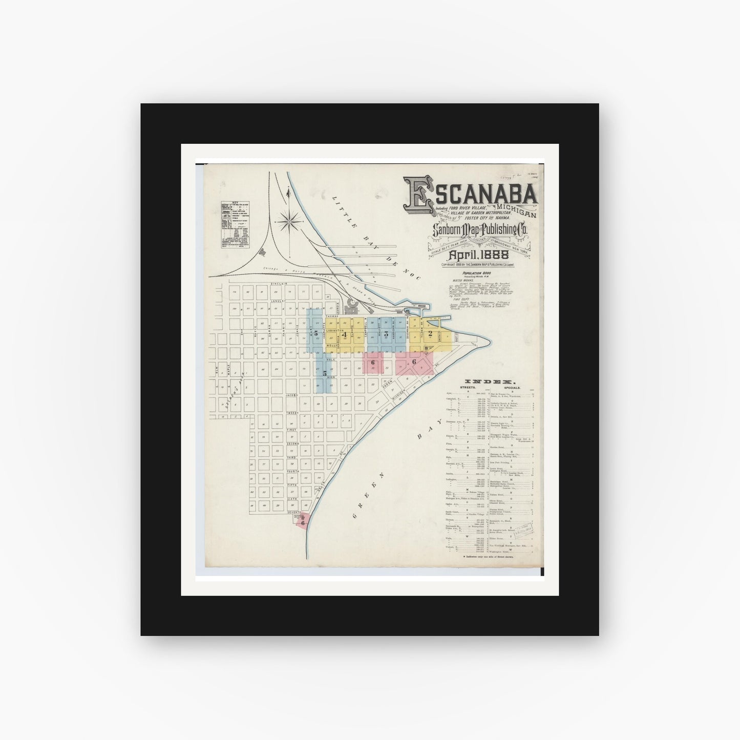 Old map wall art mockup — black gallery frame with white mat — Sanborn Fire Insurance Map from Escanaba, Delta County, Michigan (1888), Sheet #0001