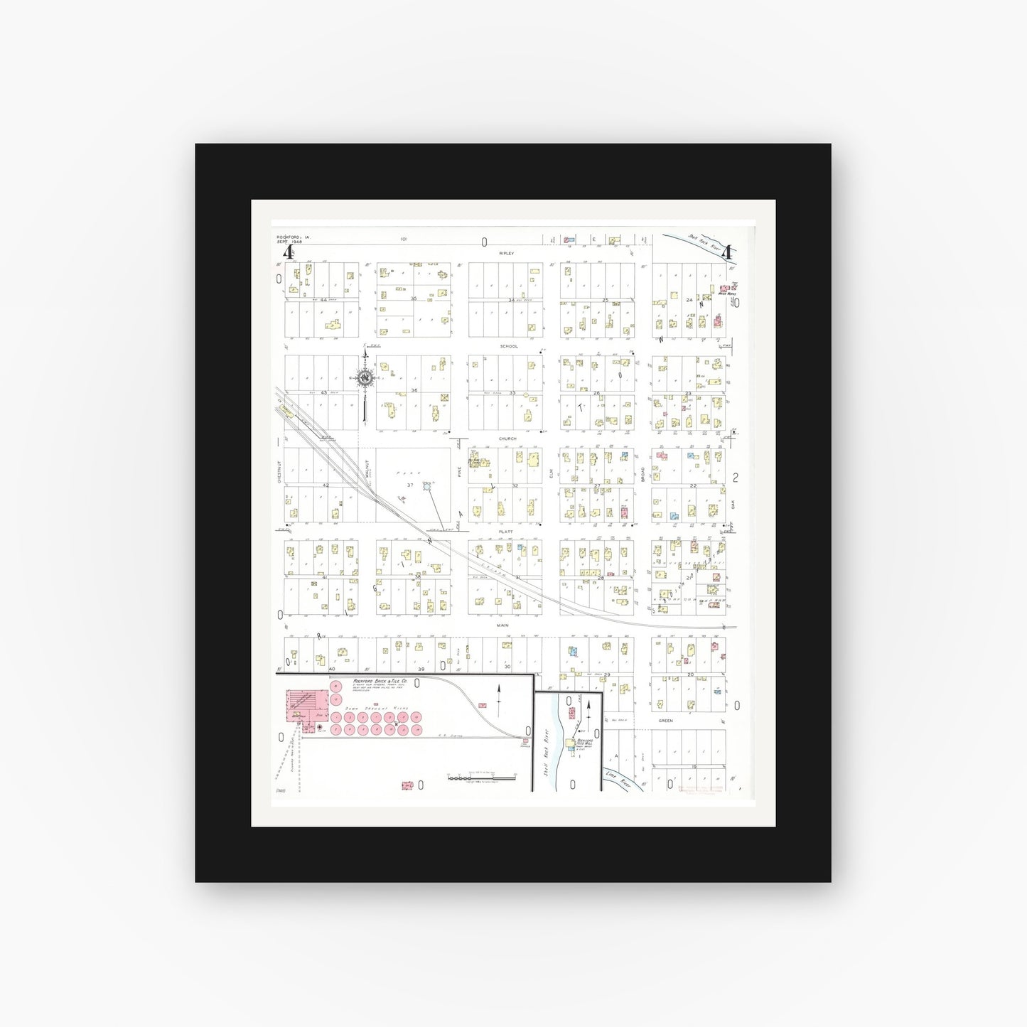 Old map wall art mockup β black gallery frame with white mat β Sanborn Fire Insurance Map from Rockford, Floyd County, Iowa (1948), Sheet #0004