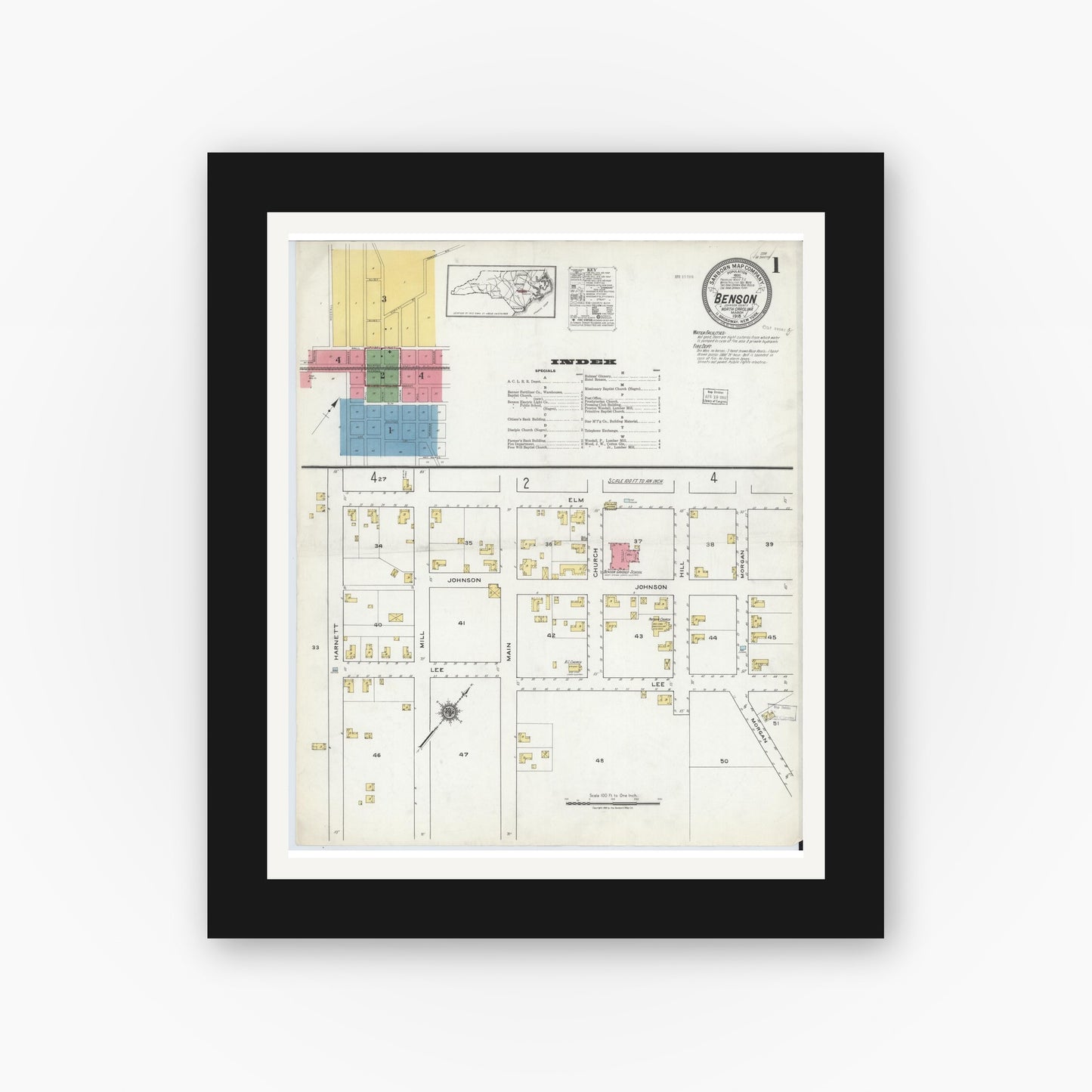 Old map wall art mockup — black gallery frame with white mat — Sanborn Fire Insurance Map from Benson, Johnson County, North Carolina (1918) - Complete Map Set