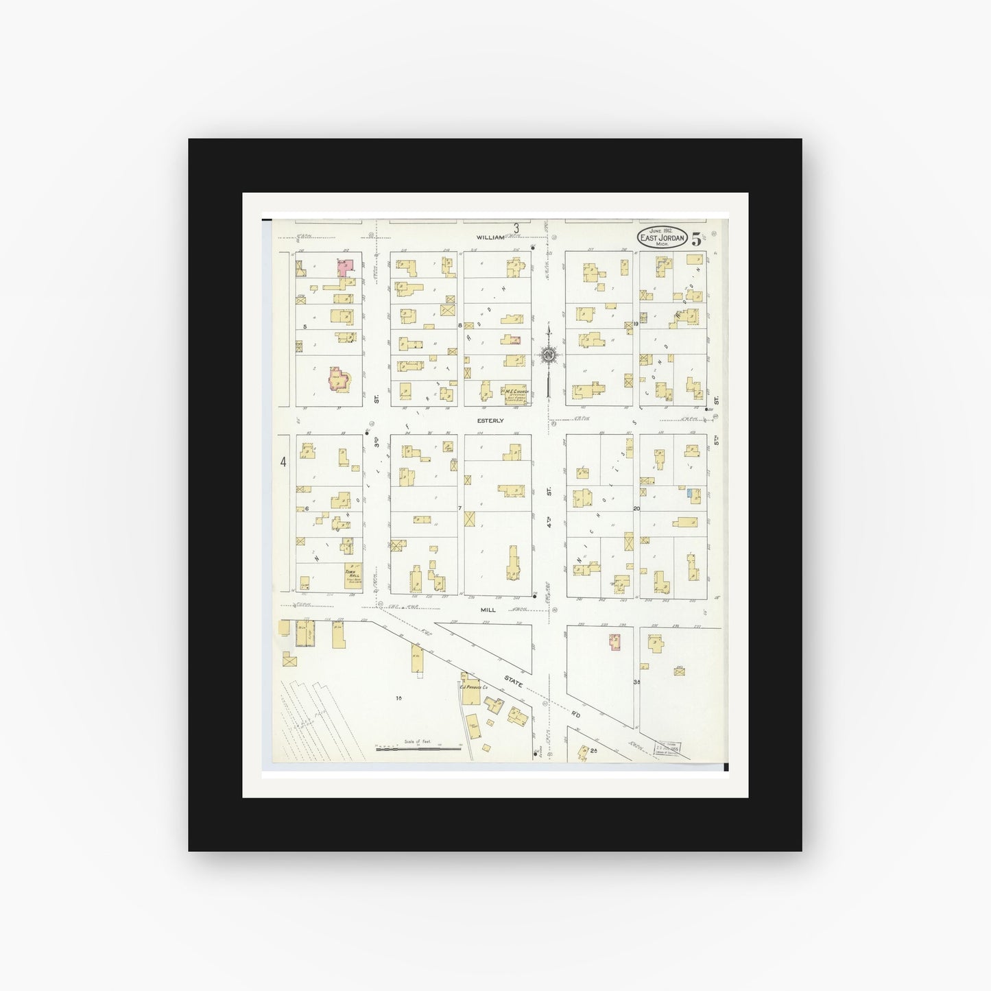 Old map wall art mockup — black gallery frame with white mat — Sanborn Fire Insurance Map from East Jordan, Charlevoix County, Michigan (1912), Sheet #0005