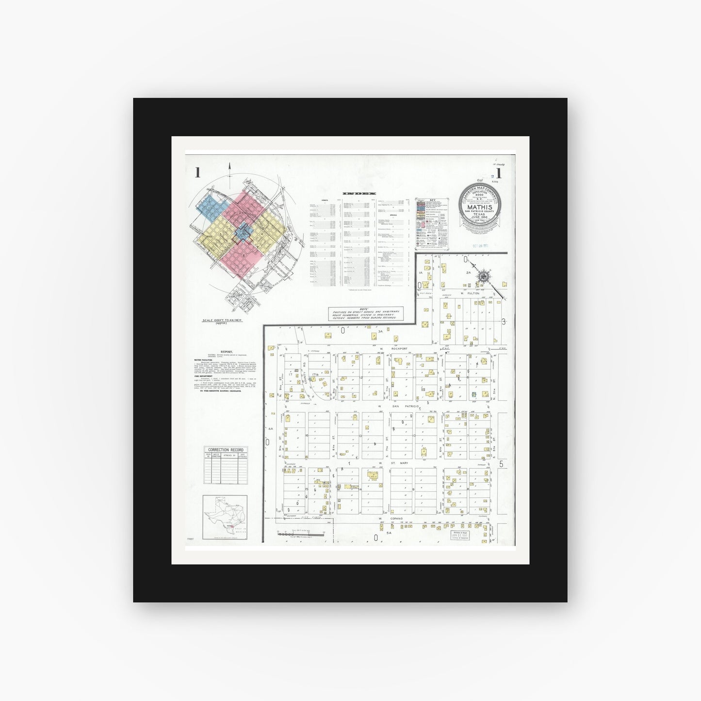 Old map wall art mockup — black gallery frame with white mat — Sanborn Fire Insurance Map from Mathis, San Patricio County, Texas (1950), Sheet #0001