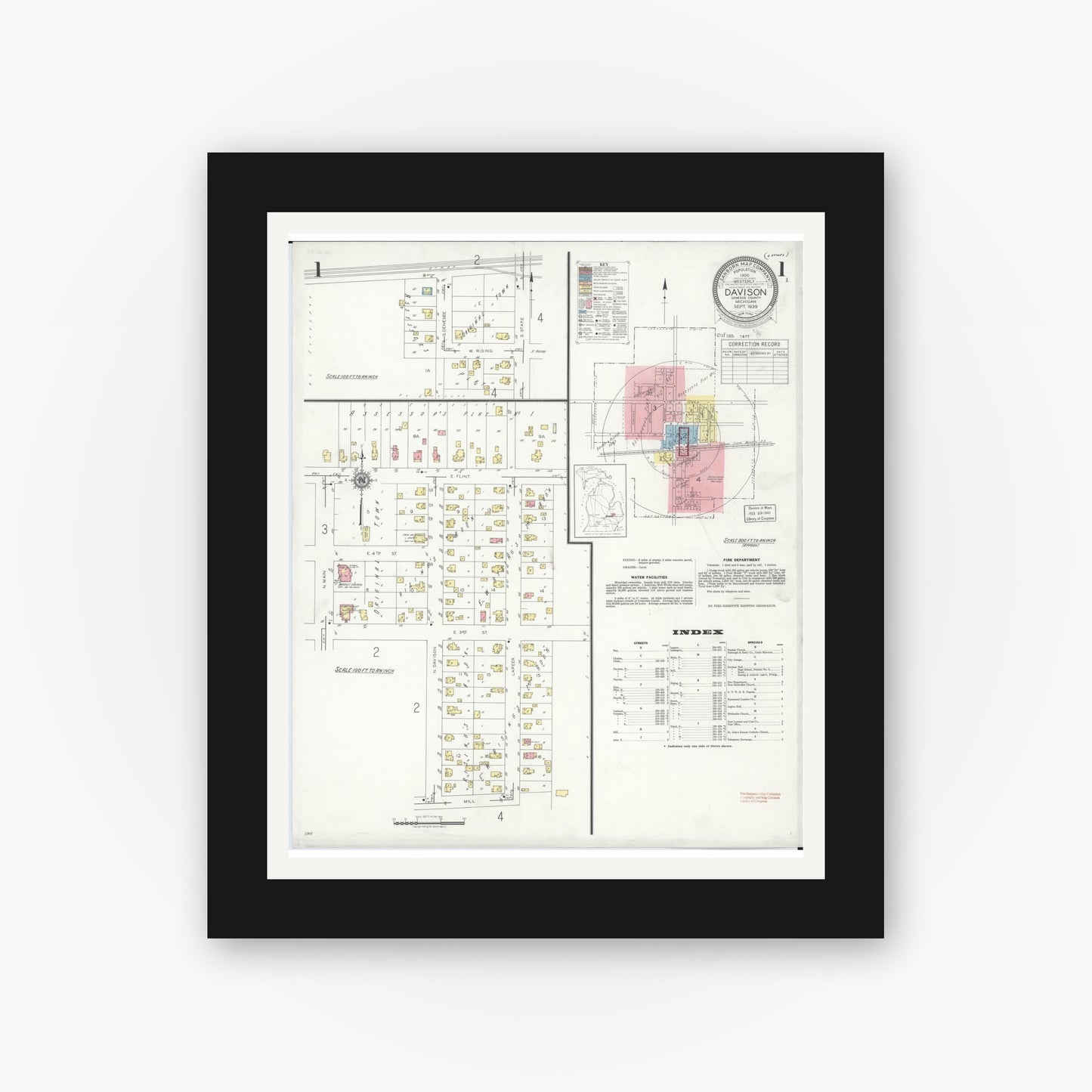 Old map wall art mockup — black gallery frame with white mat — Sanborn Fire Insurance Map from Davison, Genesee County, Michigan (1939), Sheet #0001