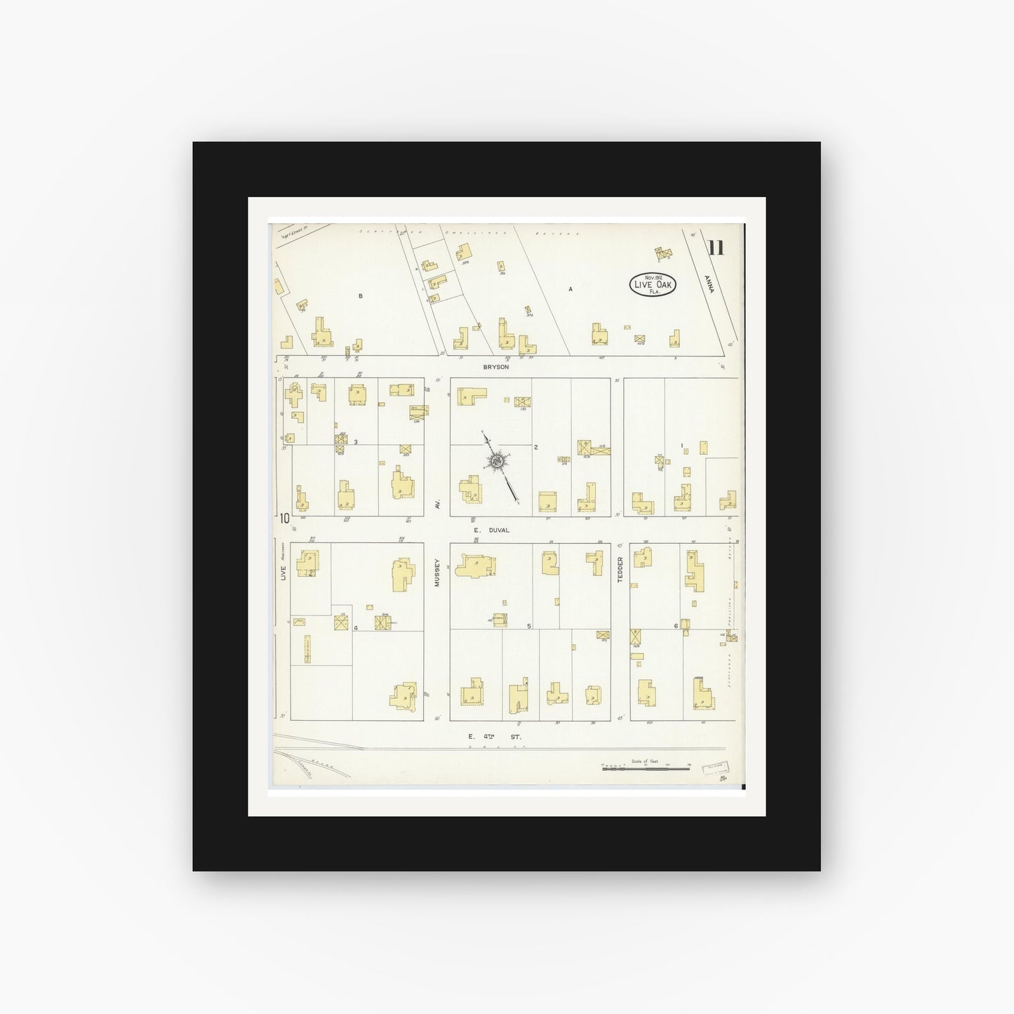 Old map wall art mockup — black gallery frame with white mat — Sanborn Fire Insurance Map from Live Oak, Suwanee County, Florida (1912), Sheet #0011