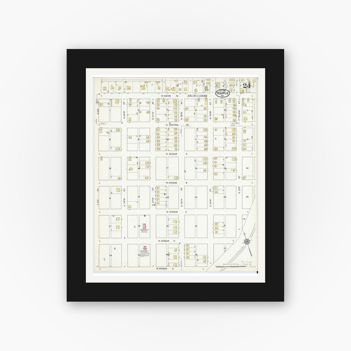 Old map wall art mockup — black gallery frame with white mat — Sanborn Fire Insurance Map from Temple, Bell County, Texas (1915), Sheet #0024