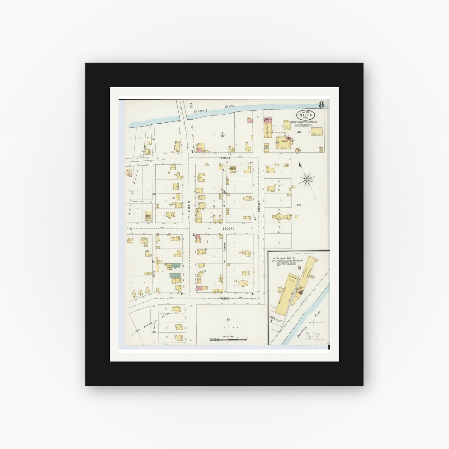 Old map wall art mockup — black gallery frame with white mat — Sanborn Fire Insurance Map from Niles, Trumbull County, Ohio (1898), Sheet #0008