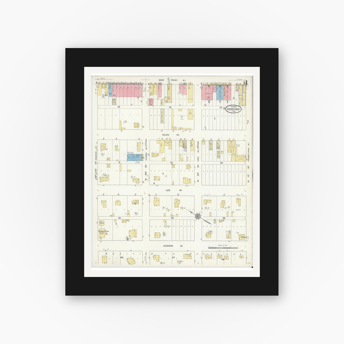 Old map wall art mockup — black gallery frame with white mat — Sanborn Fire Insurance Map from Hereford, Deaf Smith County, Texas (1913), Sheet #0004