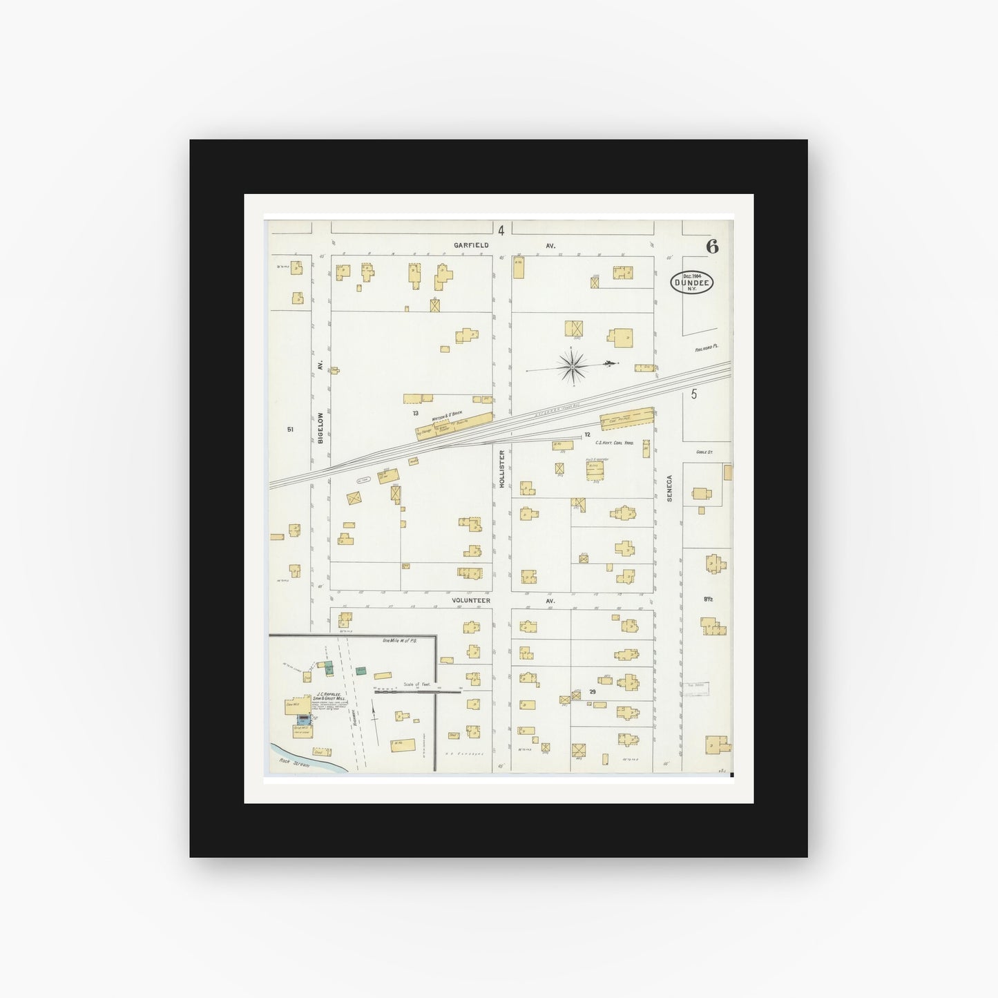 Old map wall art mockup — black gallery frame with white mat — Sanborn Fire Insurance Map from Dundee, Yates County, New York (1904), Sheet #0006