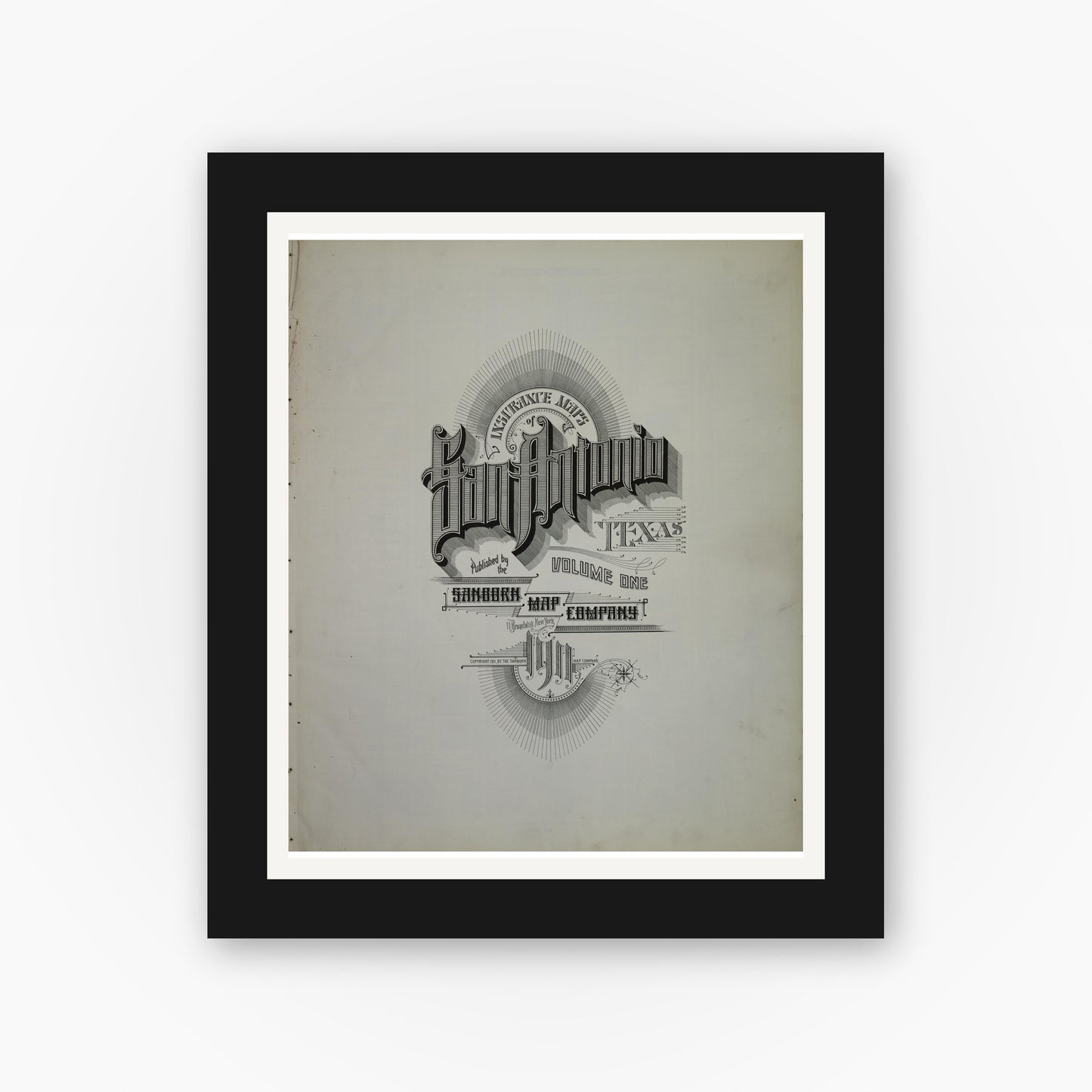 Old map wall art mockup — black gallery frame with white mat — Sanborn Fire Insurance Map from San Antonio, Bexar County, Texas (1911), Sheet #0001