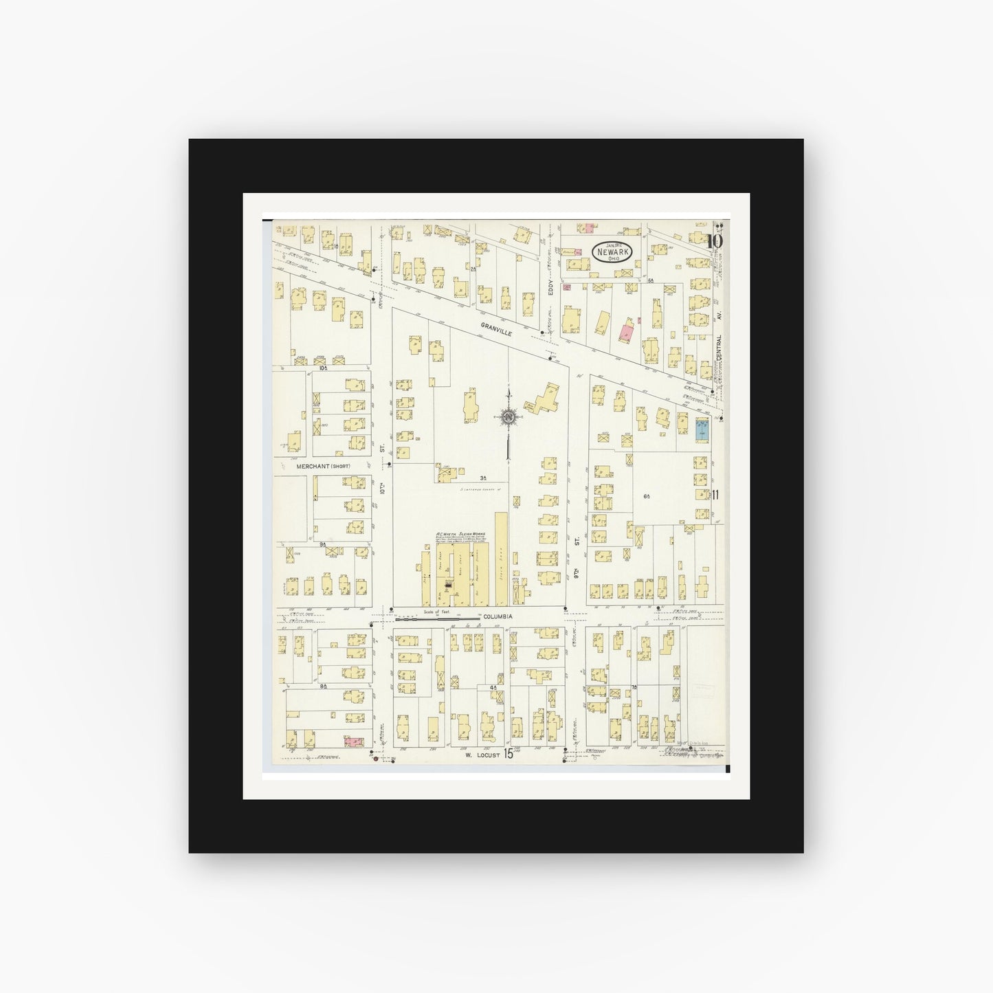 Old map wall art mockup — black gallery frame with white mat — Sanborn Fire Insurance Map from Newark, Licking County, Ohio (1912), Sheet #0010