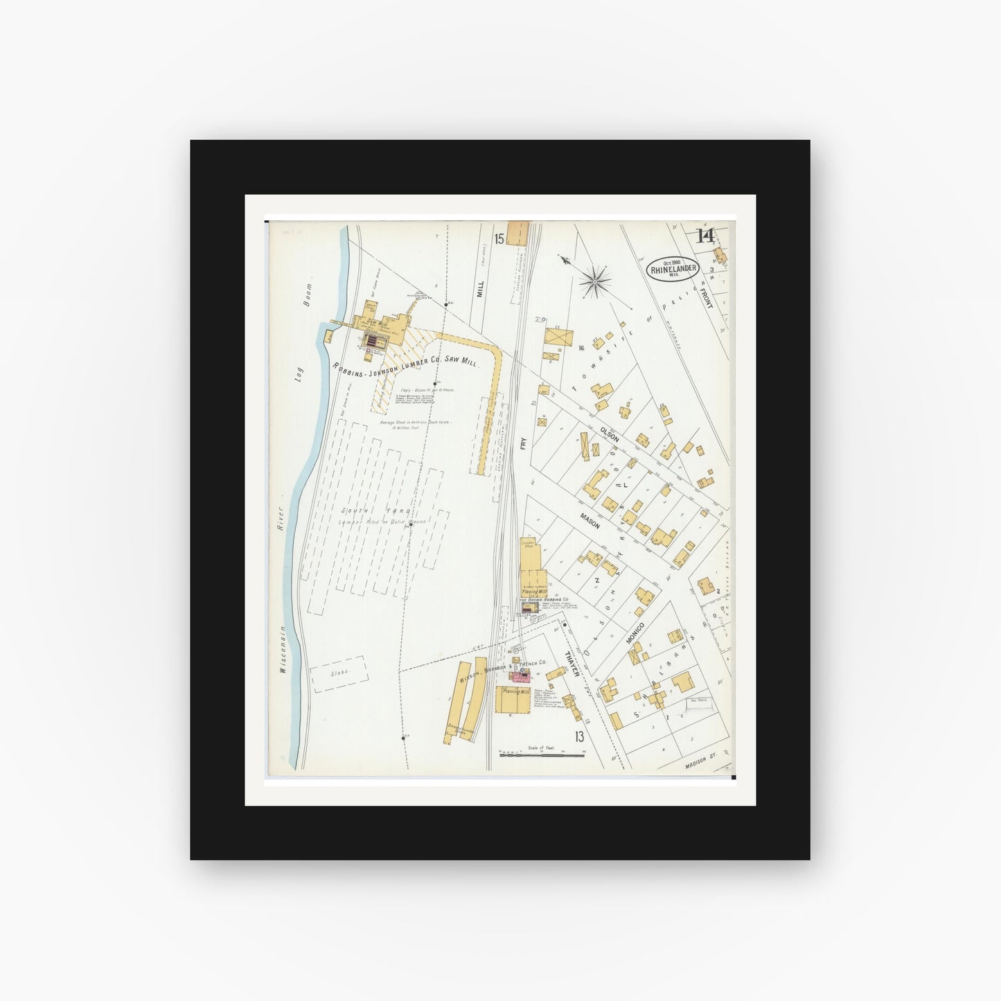 Old map wall art mockup — black gallery frame with white mat — Sanborn Fire Insurance Map from Rhinelander, Oneida County, Wisconsin (1900), Sheet #0014