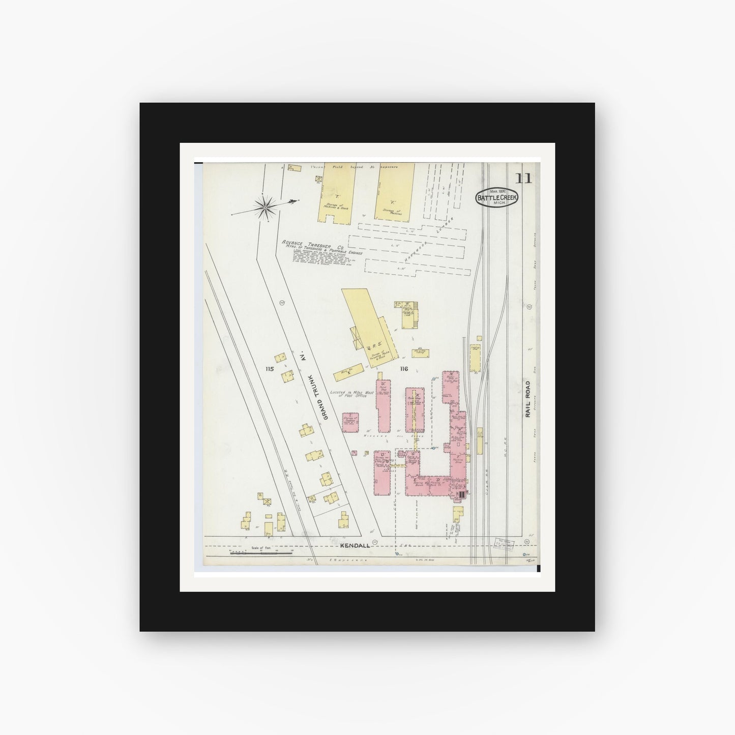Old map wall art mockup — black gallery frame with white mat — Sanborn Fire Insurance Map from Battle Creek, Calhoun County, Michigan (1892), Sheet #0011
