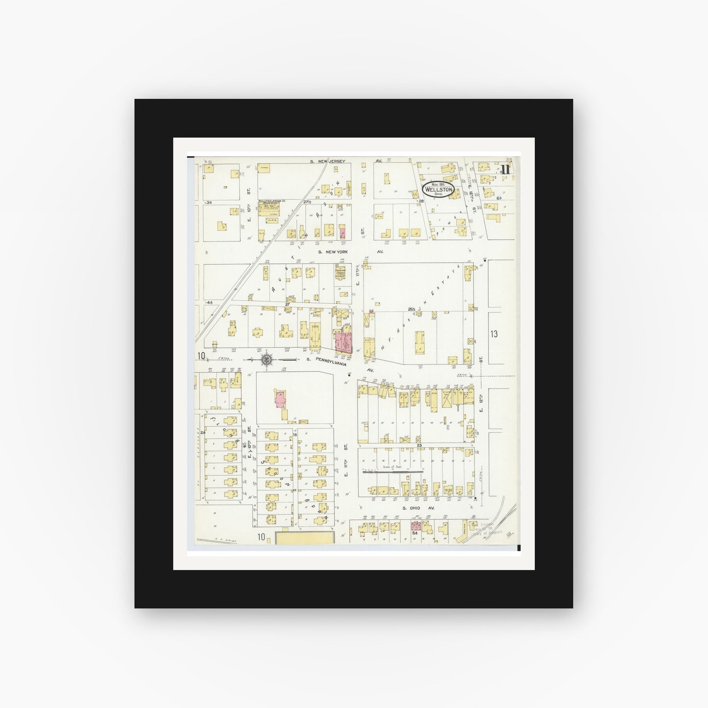 Old map wall art mockup — black gallery frame with white mat — Sanborn Fire Insurance Map from Wellston, Jackson County, Ohio (1911), Sheet #0011